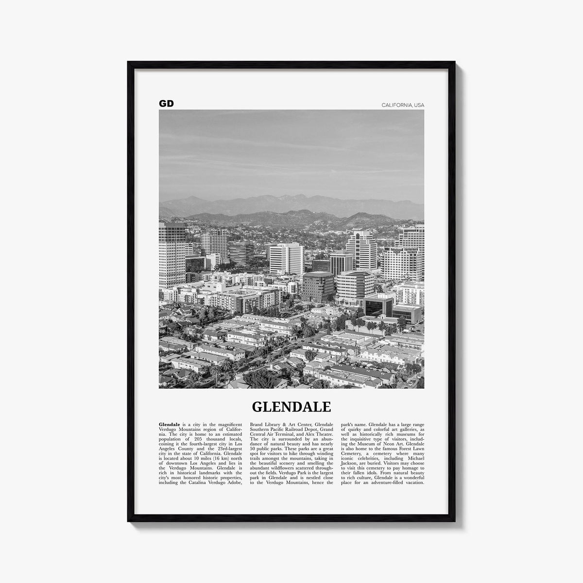 Glendale, California black & white newspaper poster of California, USA – vertical wall art, unframed print shown in interior