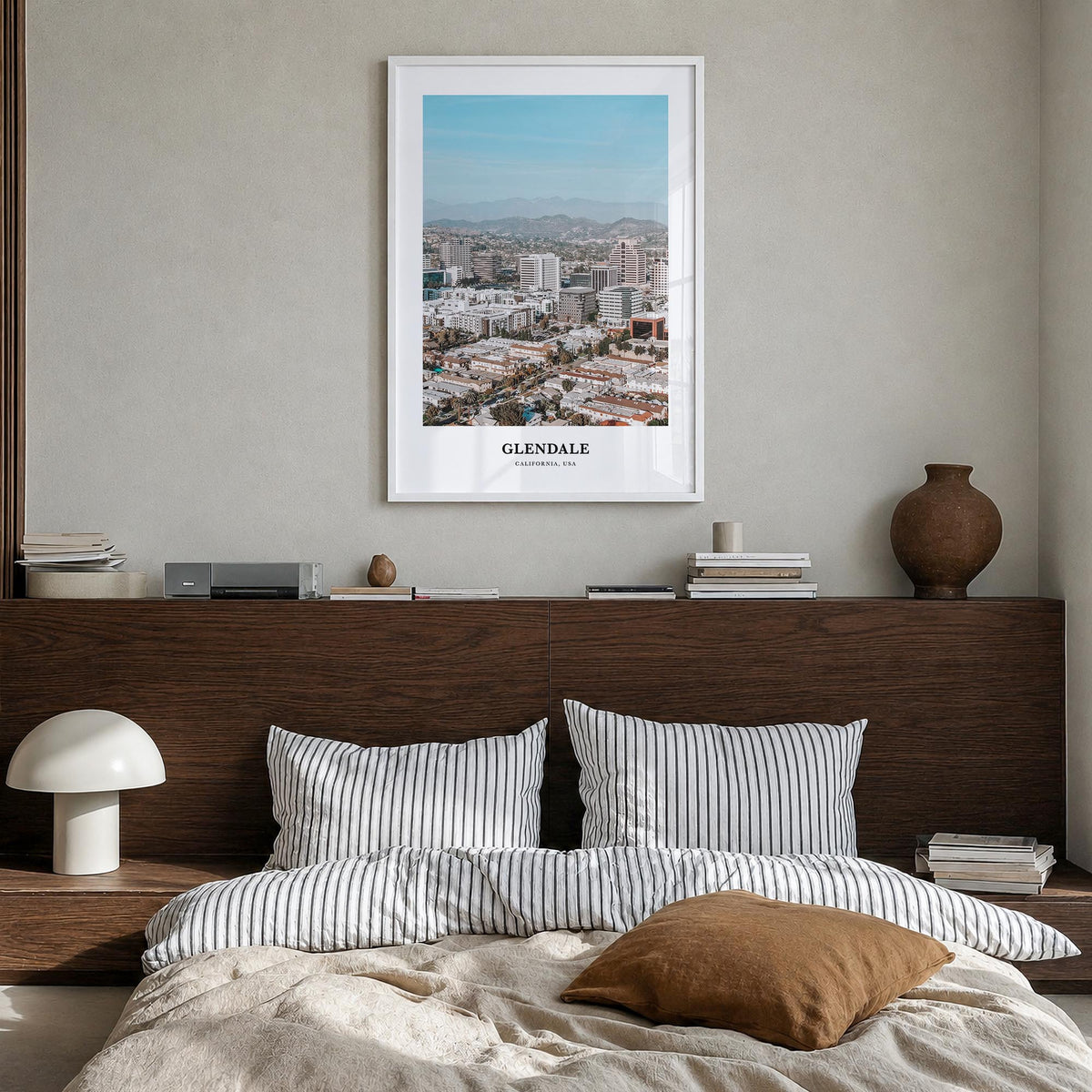 Glendale, California colorful classic poster of California, USA – vertical wall art in white wood frame, hanging on wall