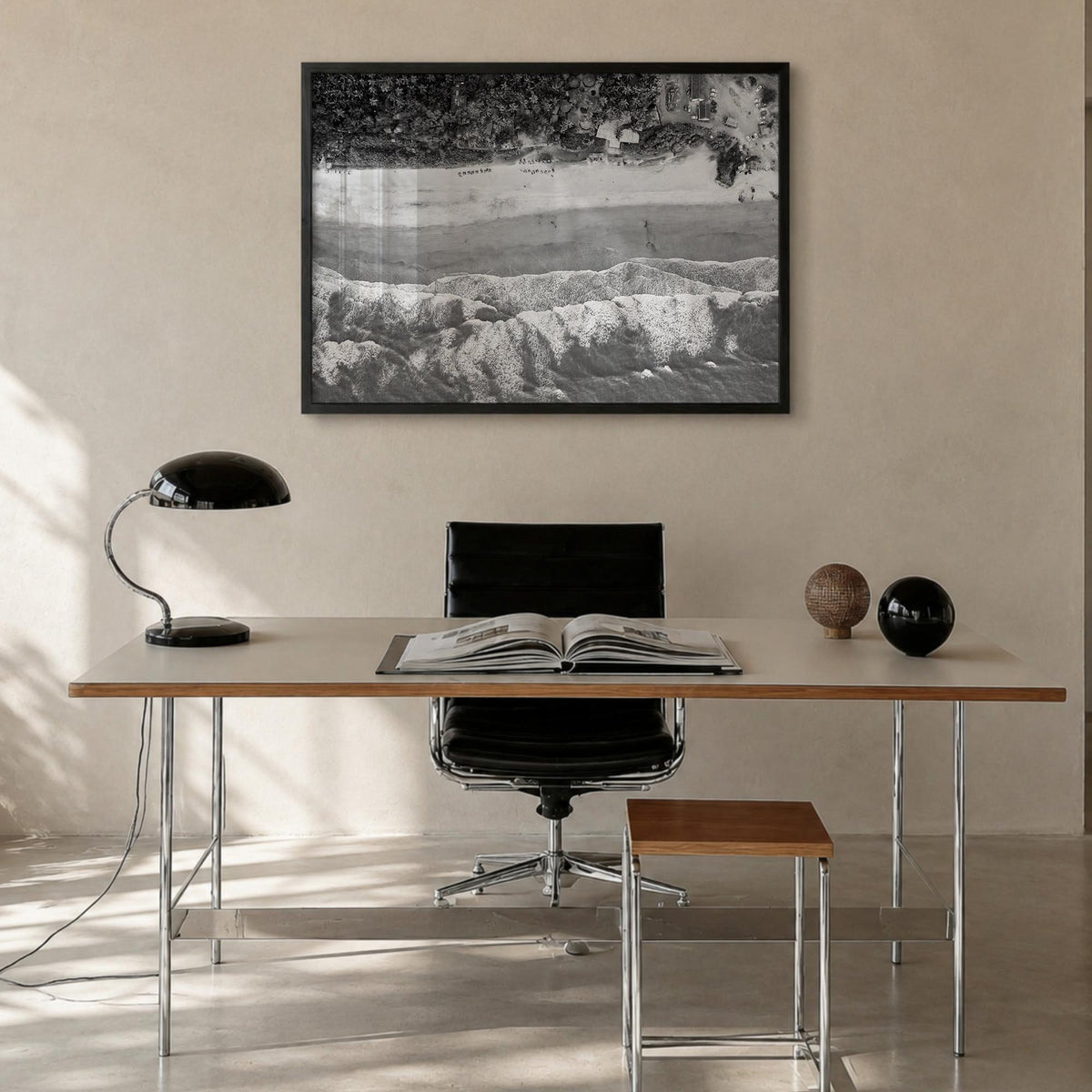 Goa black & white photo poster of India – horizontal wall art in black wood frame, hanging on wall