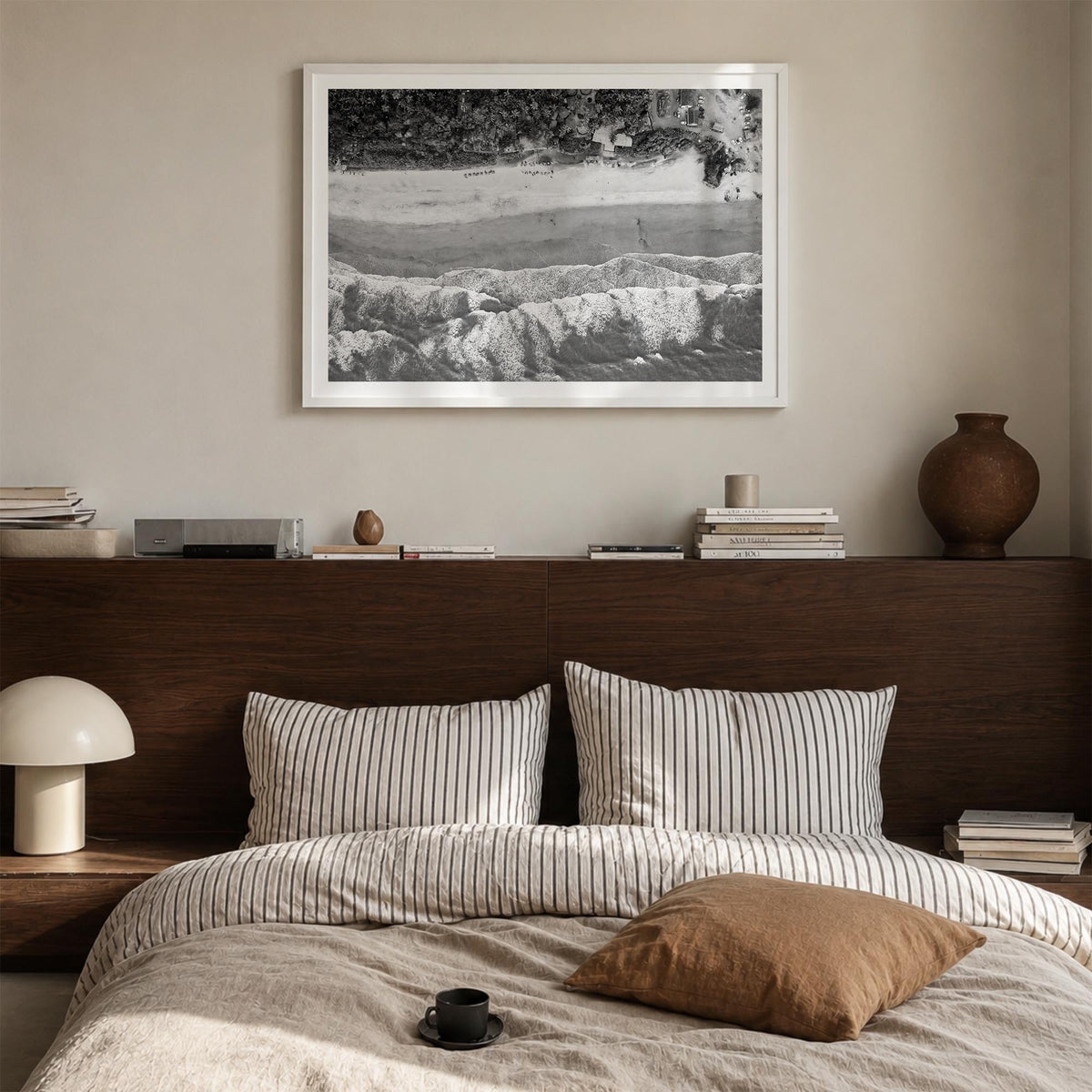 Goa black & white photo poster of India – horizontal wall art in white wood frame with white border, hanging on wall