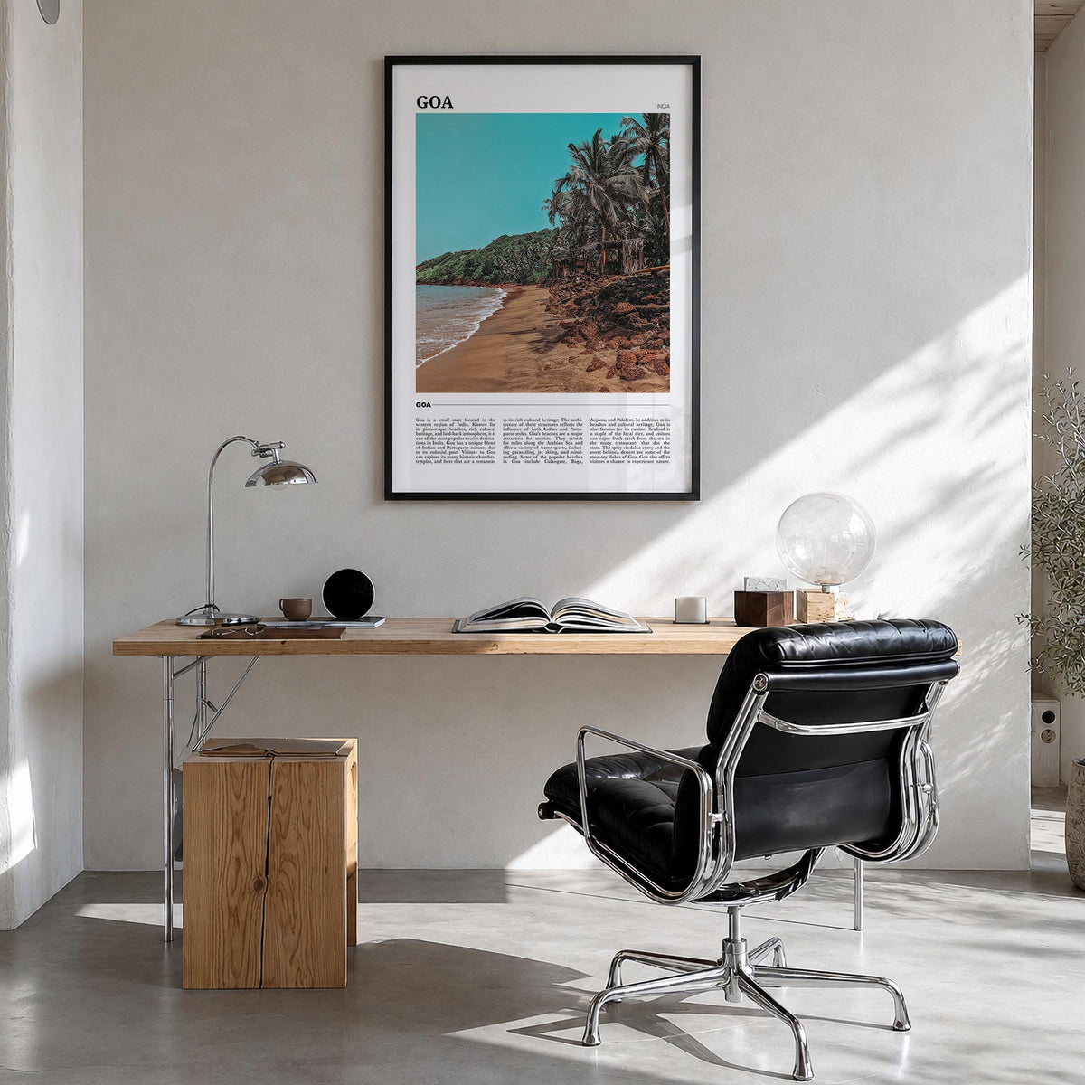 Goa colorful travel poster of India – vertical wall art in black wood frame, hanging on wall
