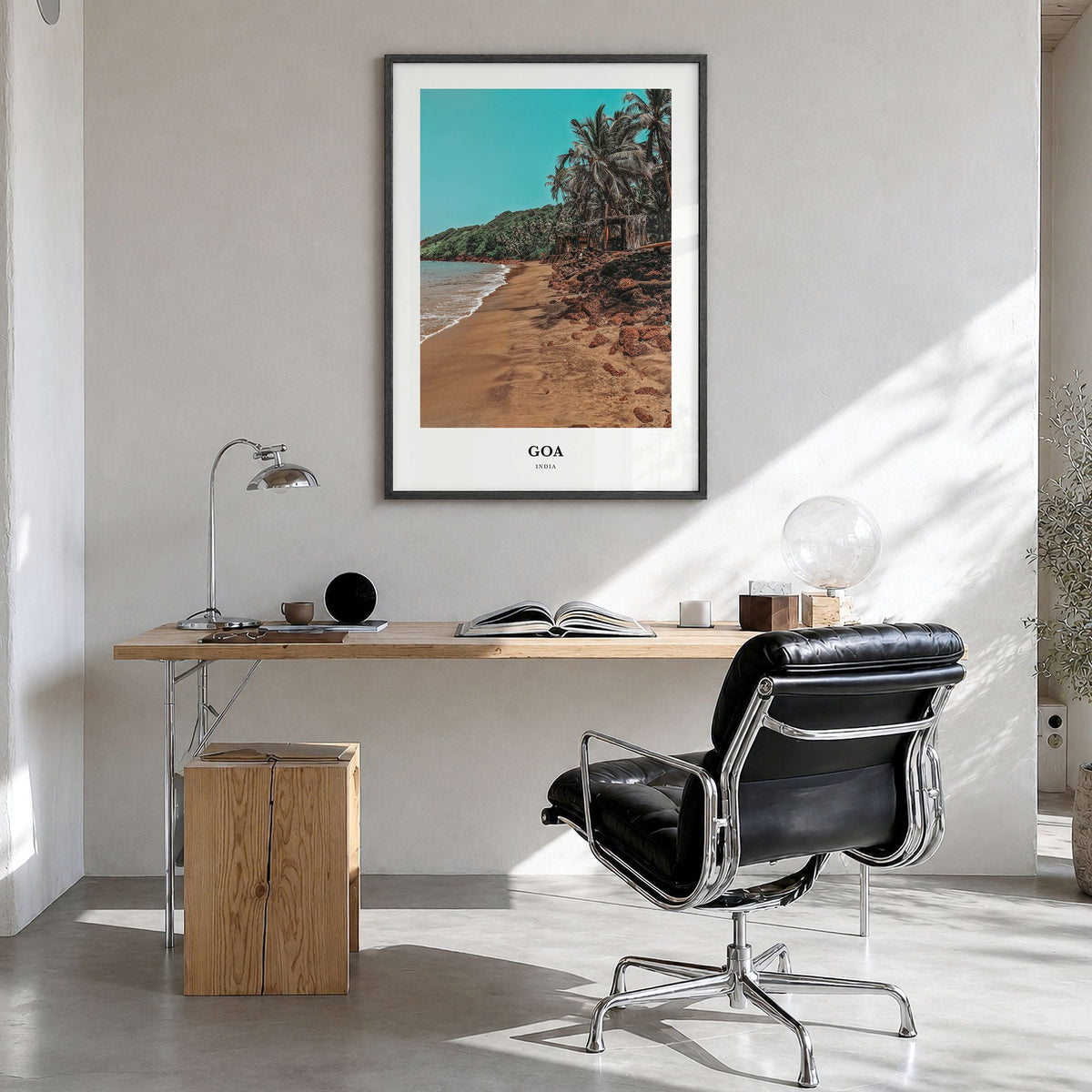 Goa Classic Poster in a black wood frame, hanging in a bright home office