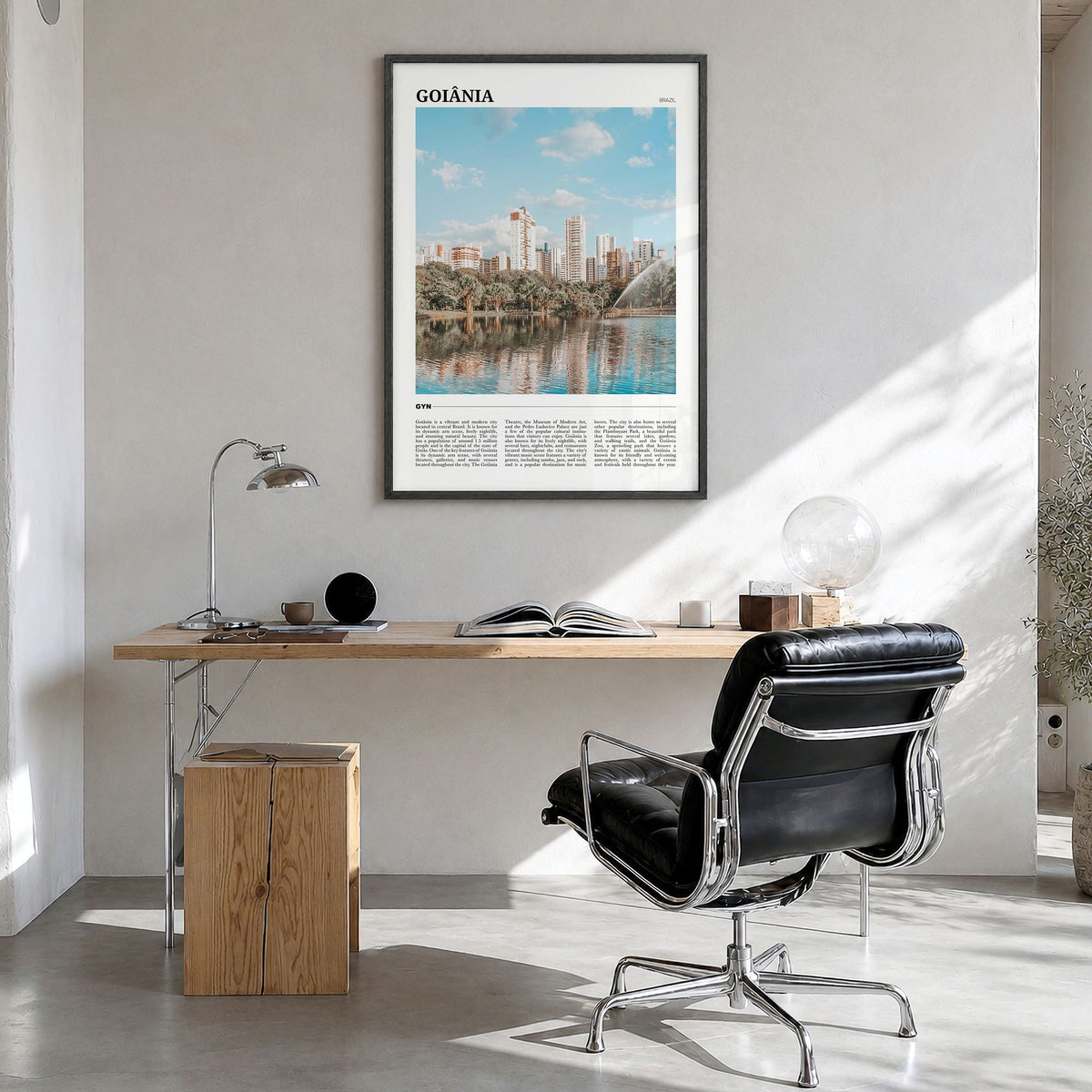 Goiânia Travel Poster in a black wood frame, hanging in a bright home office