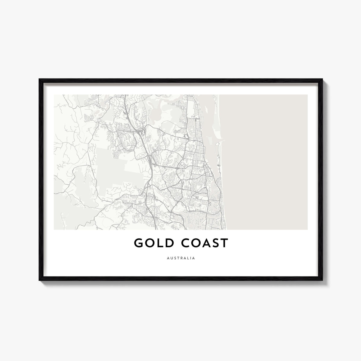 Gold Coast black & white map poster of Queensland, Australia – horizontal wall art, unframed print shown in interior mockup