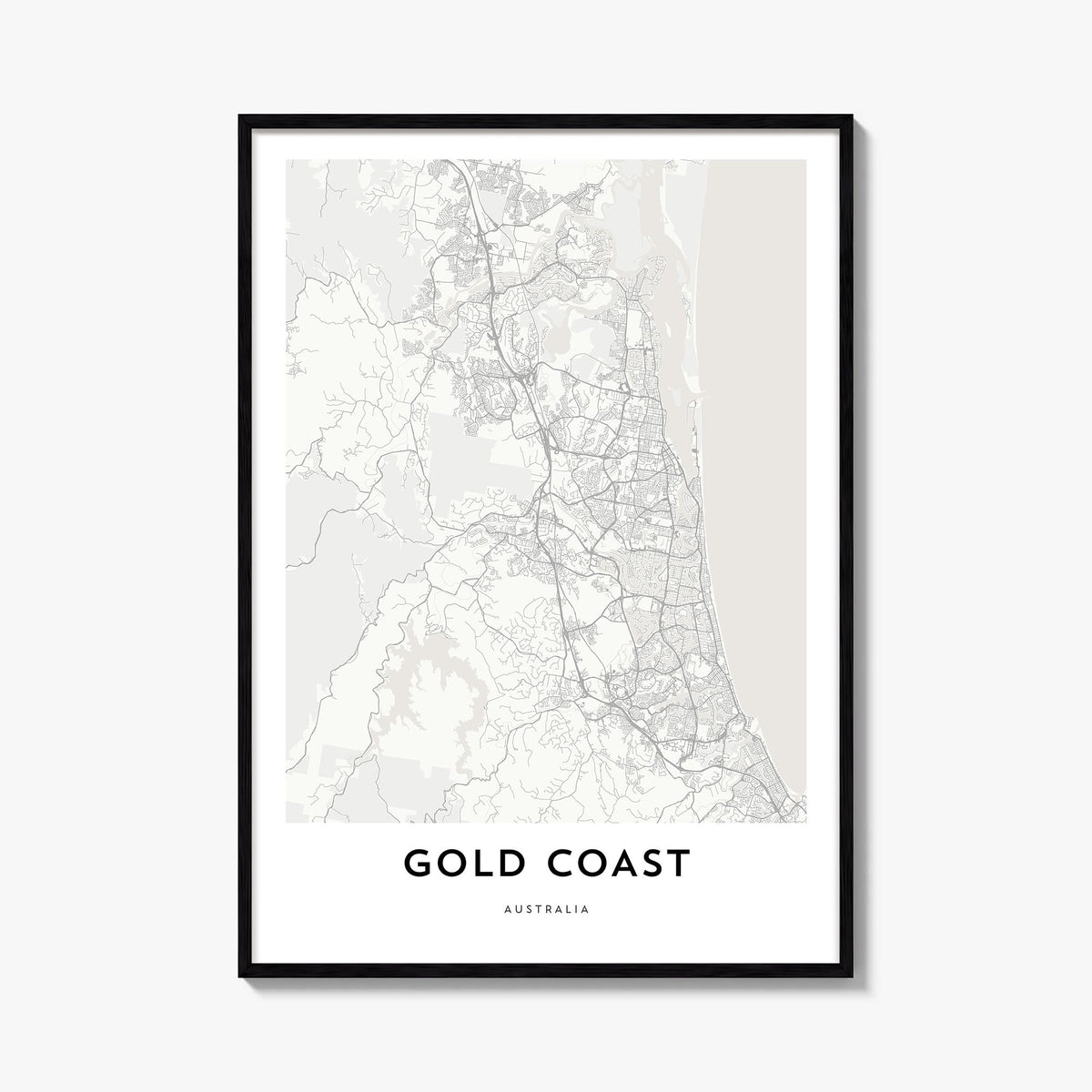 Gold Coast black & white map poster of Queensland, Australia – vertical wall art, unframed print shown in interior mockup