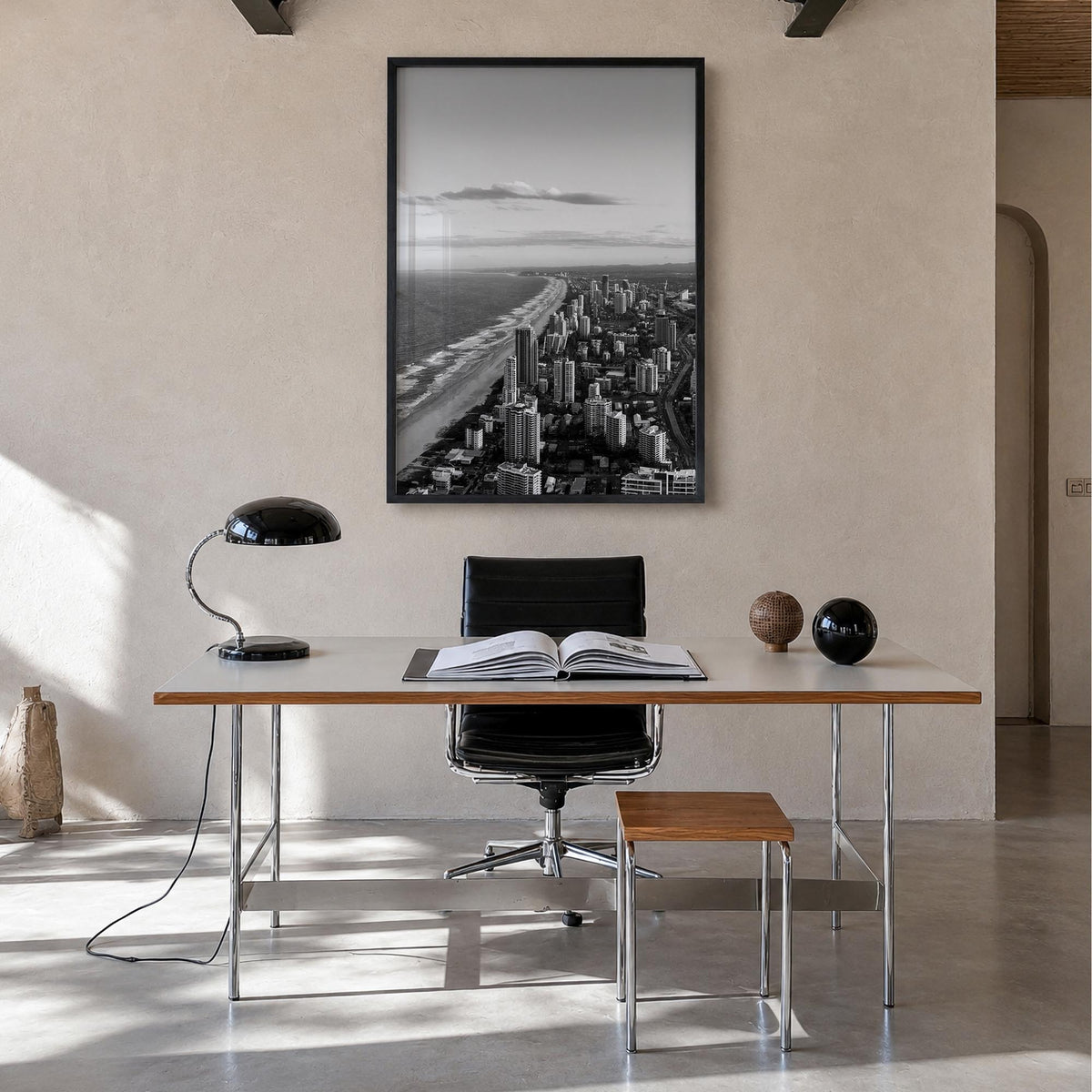 Gold Coast black & white photo poster of Queensland, Australia – vertical wall art in black wood frame, hanging on wall