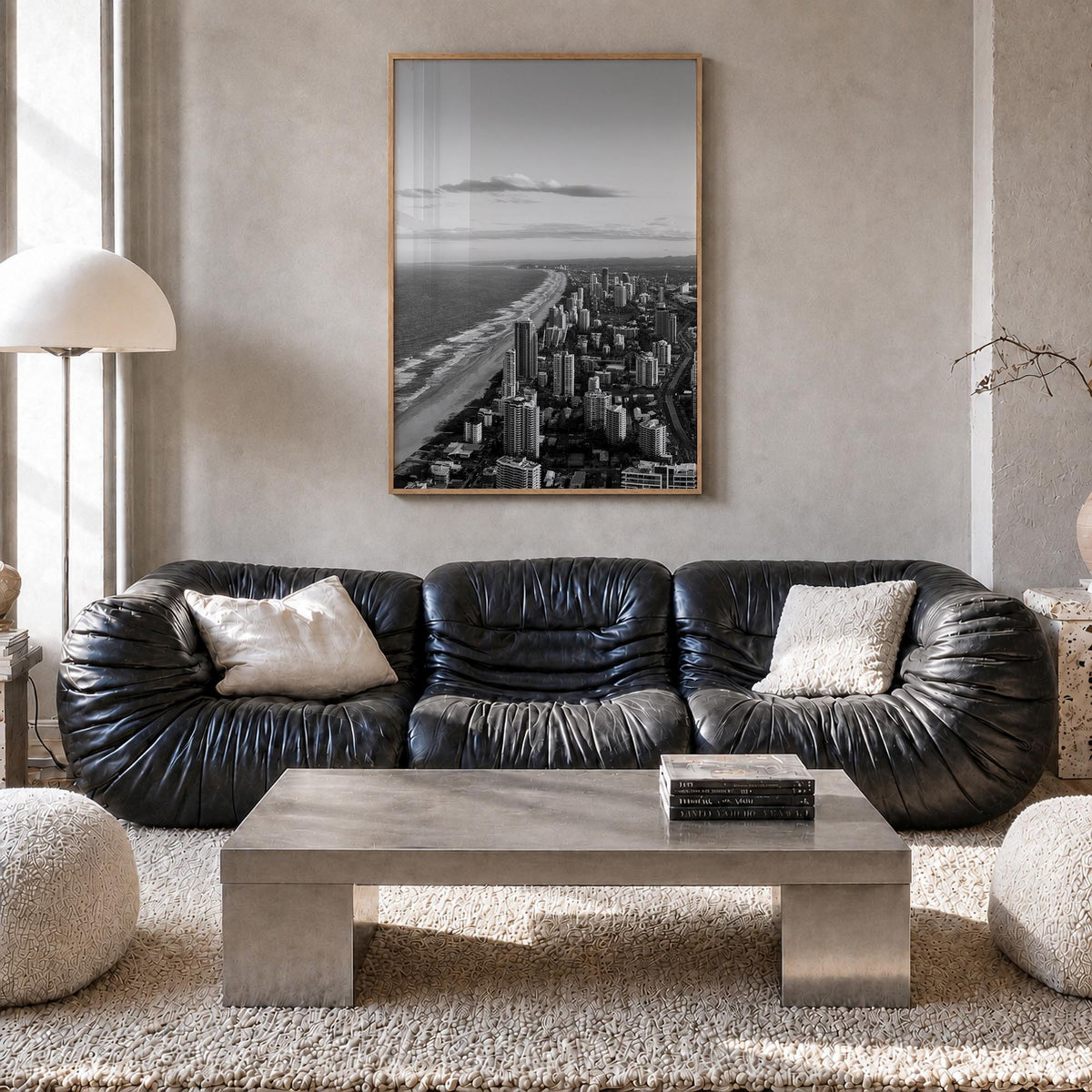Gold Coast black & white photo poster of Queensland, Australia – vertical wall art in natural wood frame, hanging on wall