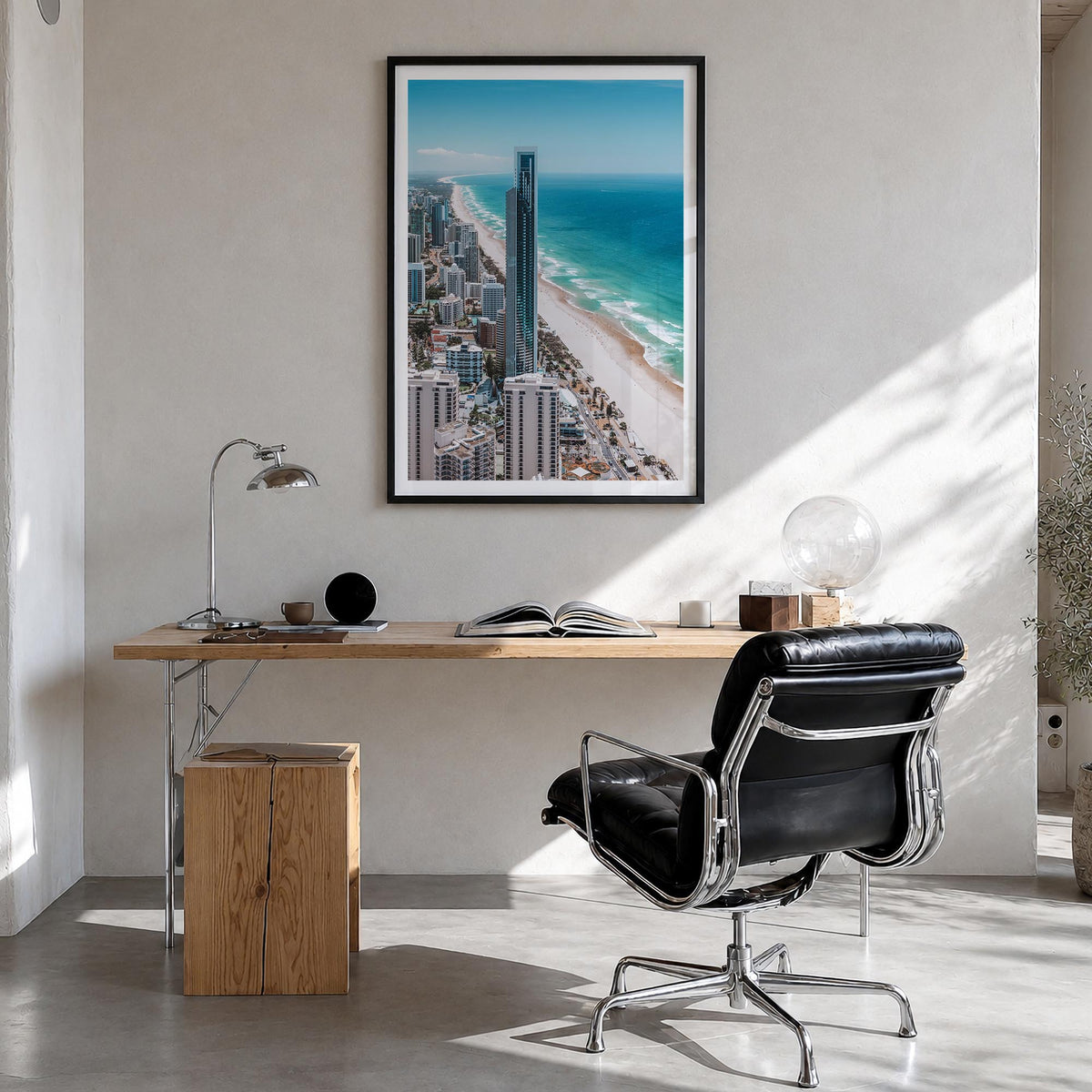 Gold Coast colorful photo poster of Queensland, Australia – vertical wall art in black wood frame with white border, hanging