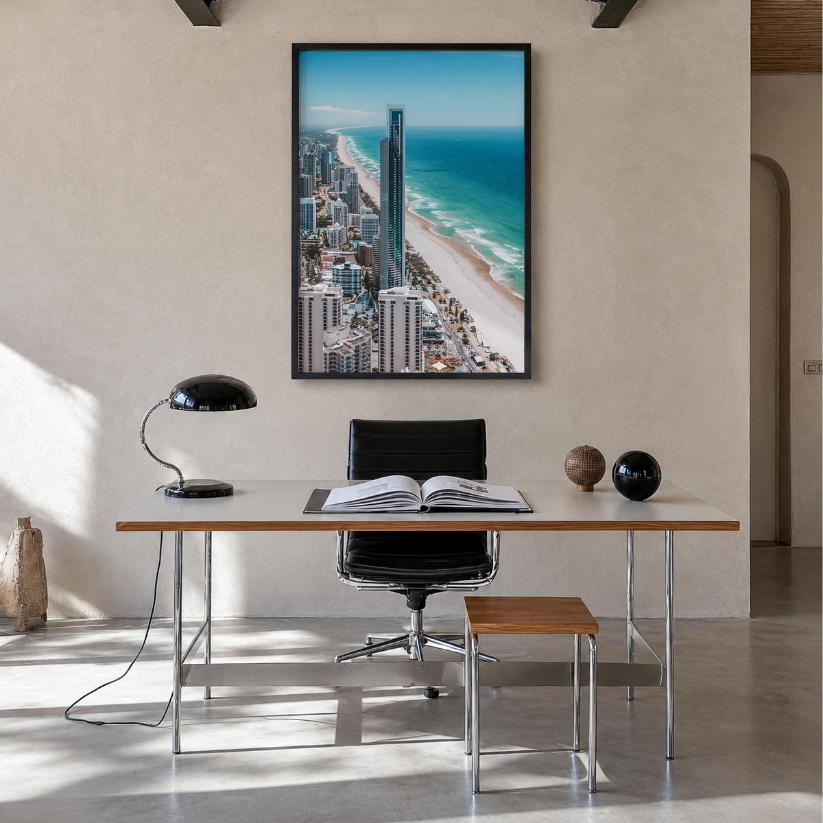 Gold Coast colorful photo poster of Queensland, Australia – vertical wall art in black wood frame, hanging on wall