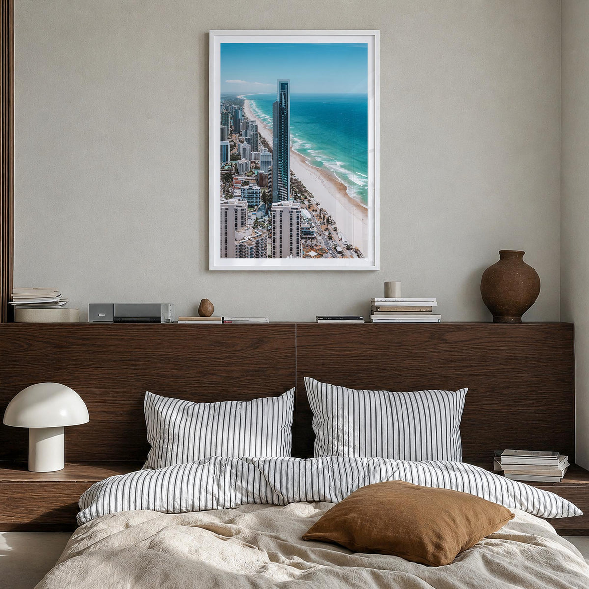Gold Coast colorful photo poster of Queensland, Australia – vertical wall art in white wood frame with white border, hanging