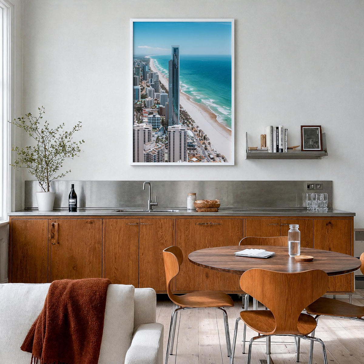 Gold Coast colorful photo poster of Queensland, Australia – vertical wall art in white wood frame, hanging on wall