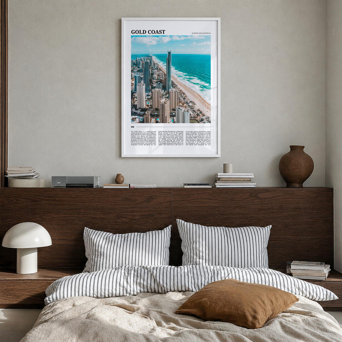 Gold Coast colorful travel poster of Queensland, Australia – vertical wall art in white wood frame, hanging on wall