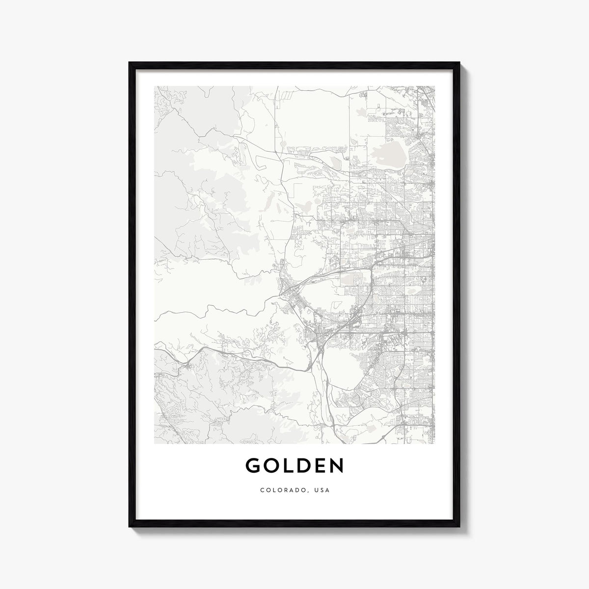 Golden black & white map poster of Colorado, USA – vertical wall art, unframed print shown in interior mockup