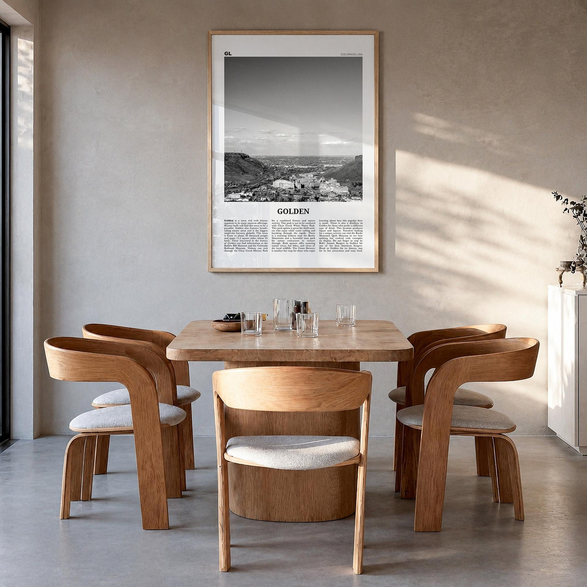Golden black & white newspaper poster of Colorado, USA – vertical wall art in natural wood frame, hanging on wall