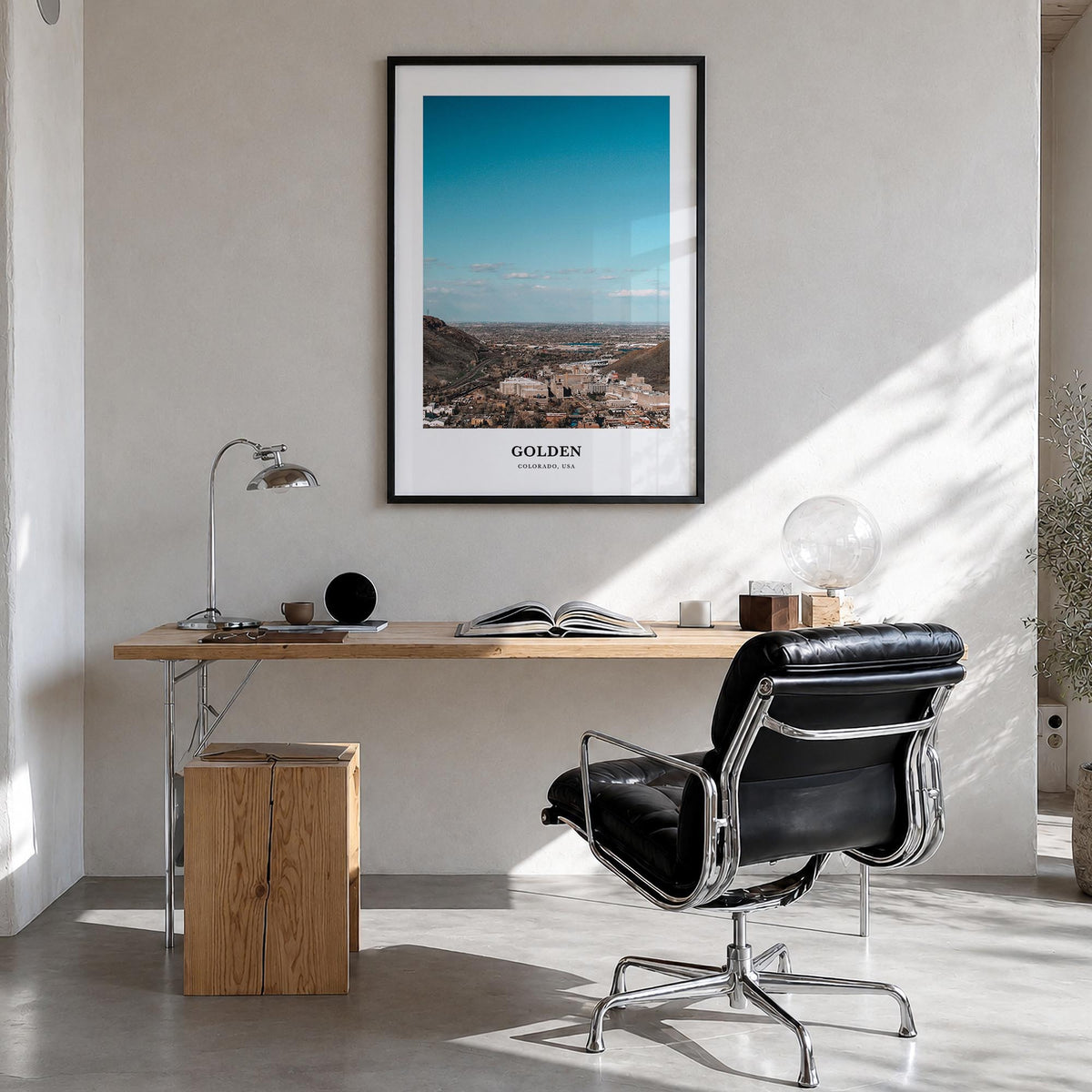 Golden colorful classic poster of Colorado, USA – vertical wall art in black wood frame, hanging on wall