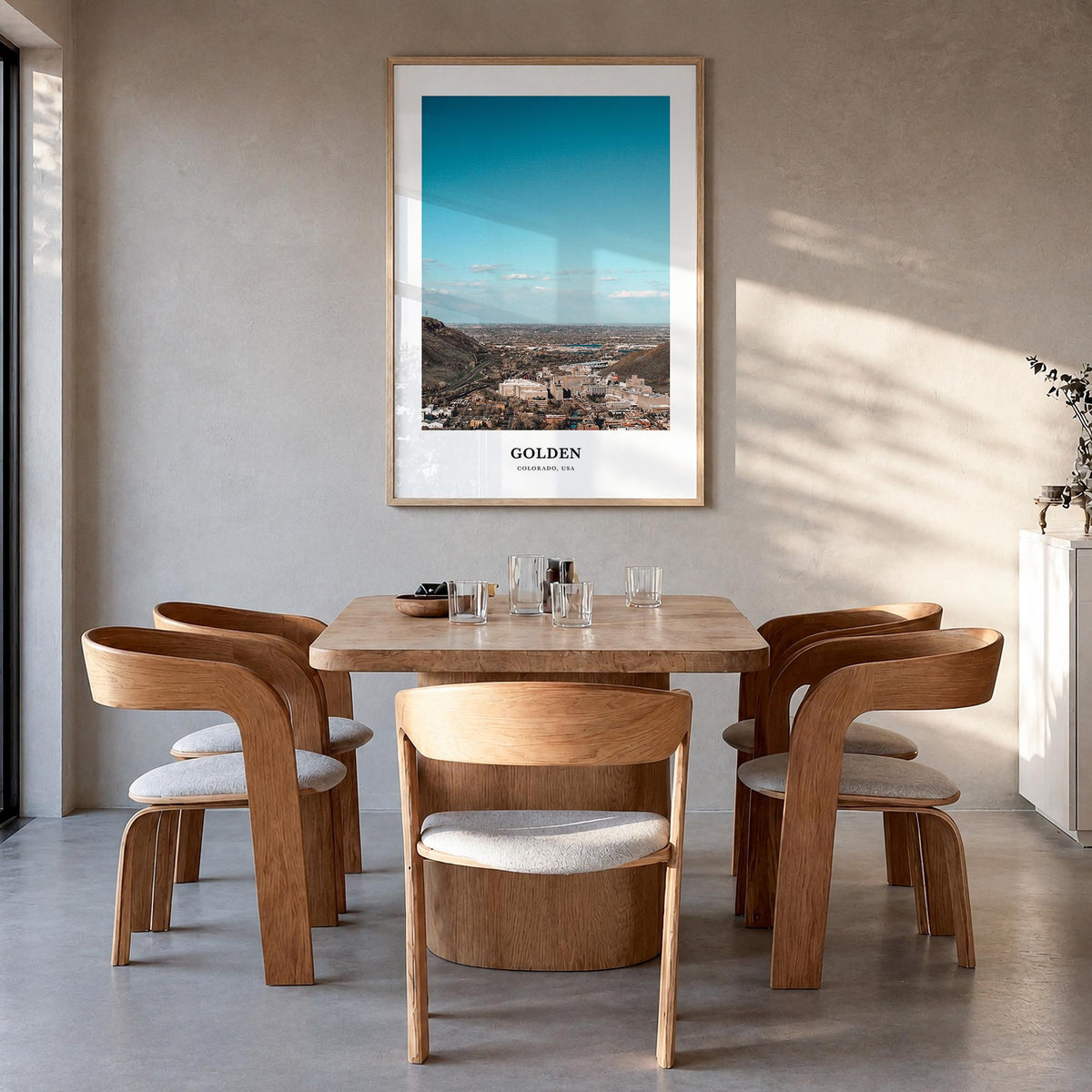 Golden colorful classic poster of Colorado, USA – vertical wall art in natural wood frame, hanging on wall