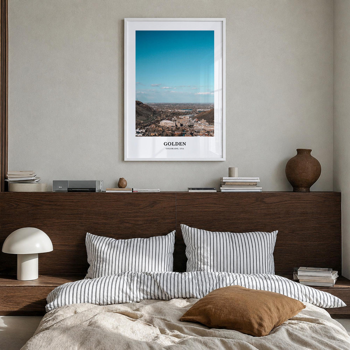 Golden colorful classic poster of Colorado, USA – vertical wall art in white wood frame, hanging on wall