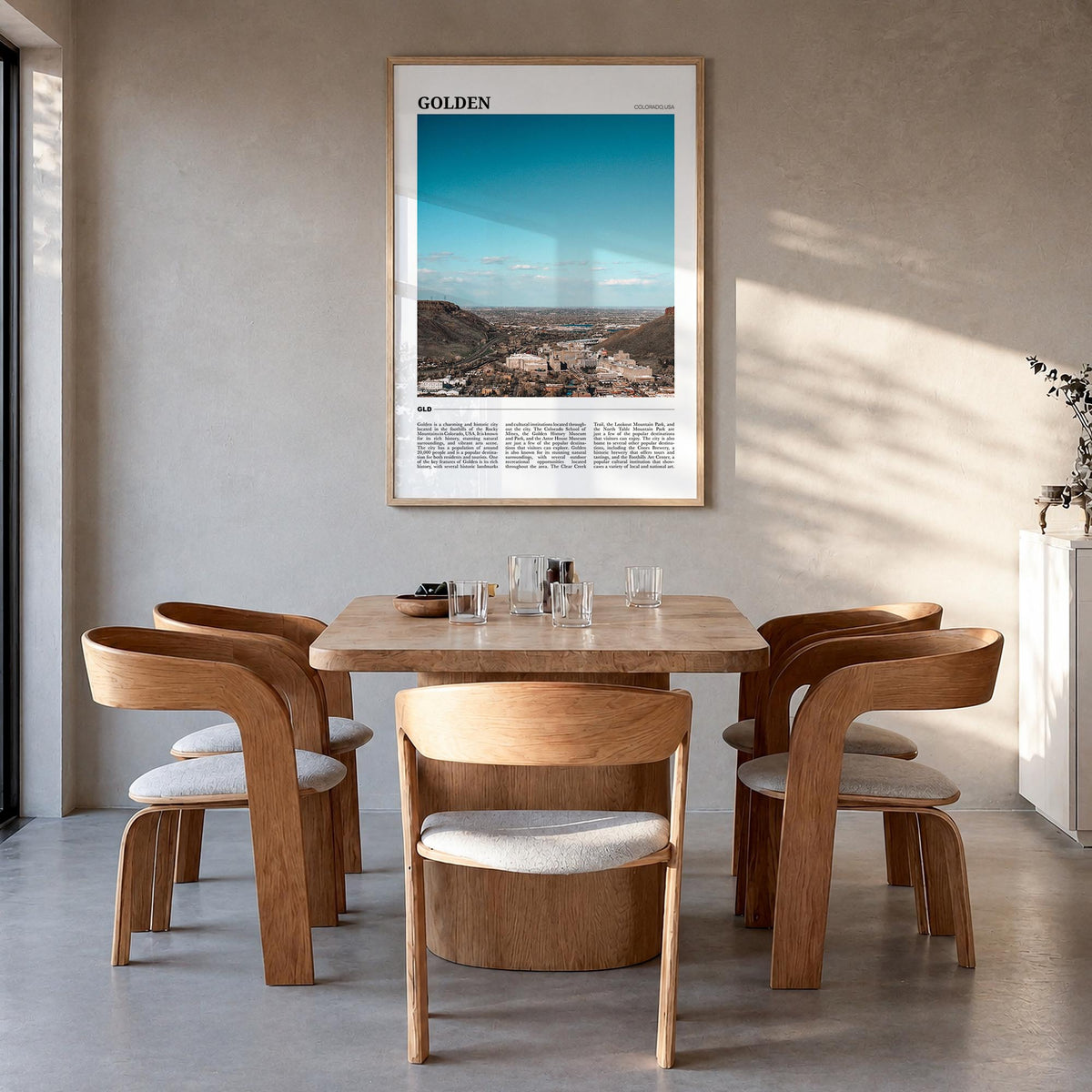 Golden colorful travel poster of Colorado, USA – vertical wall art in natural wood frame, hanging on wall
