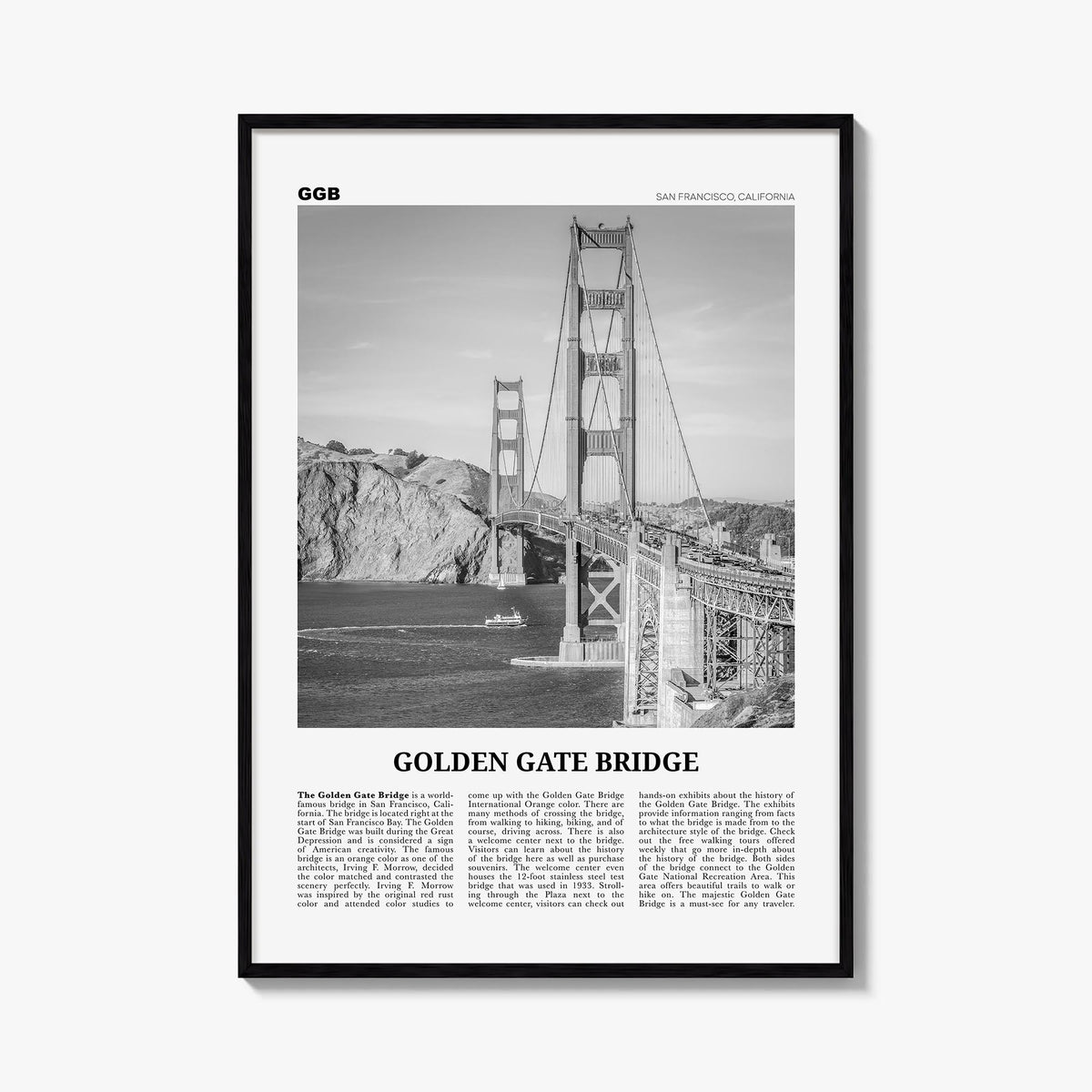 Golden Gate Bridge black & white newspaper poster of San Francisco, California – vertical wall art, unframed print shown in i