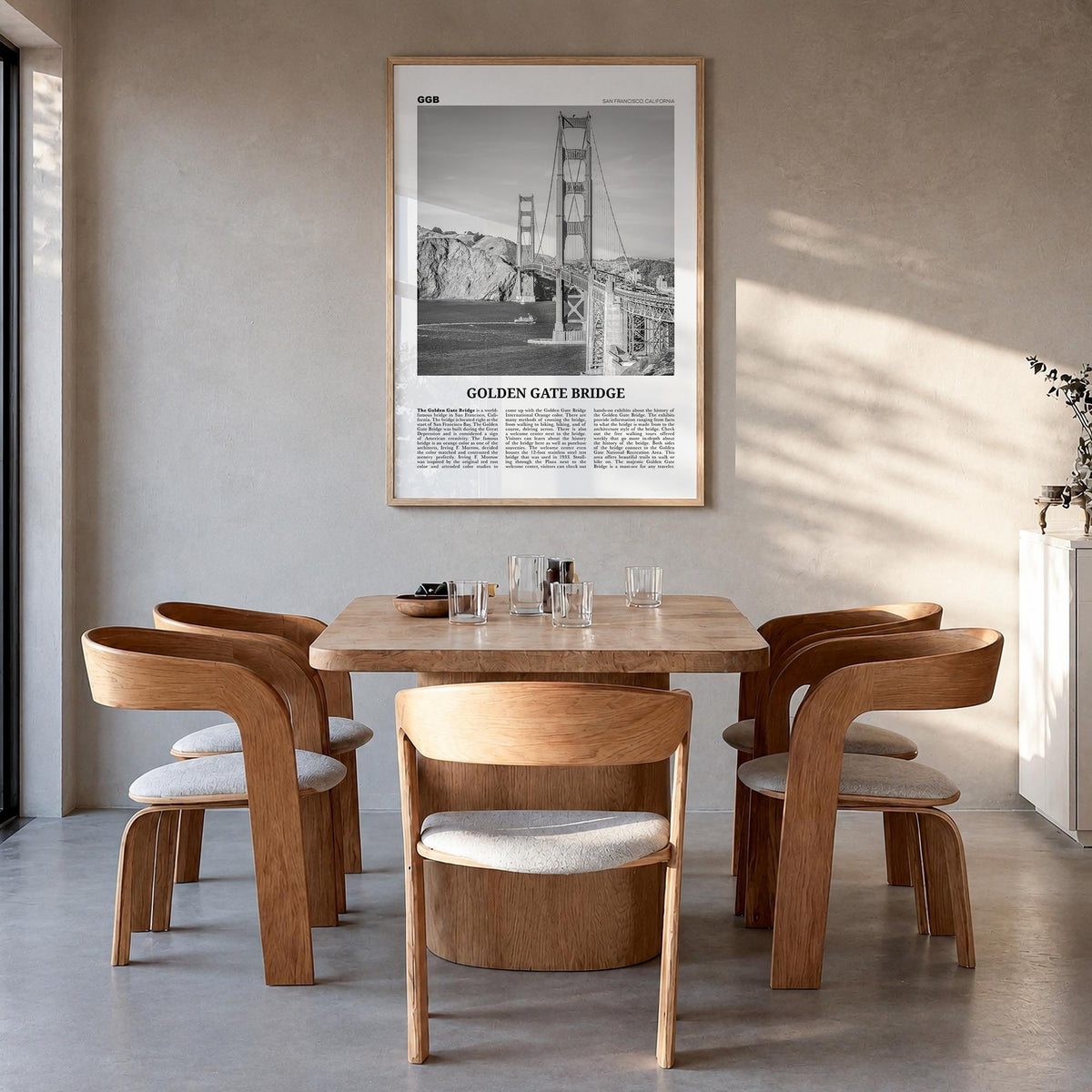 Golden Gate Bridge black & white newspaper poster of San Francisco, California – vertical wall art in natural wood frame, han