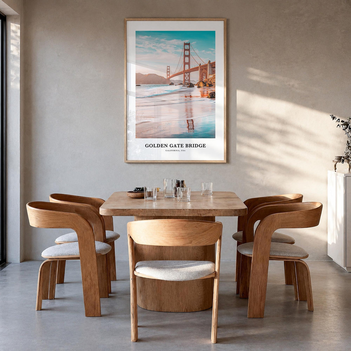 Golden Gate Bridge colorful classic poster of San Francisco, California – vertical wall art in natural wood frame, hanging on