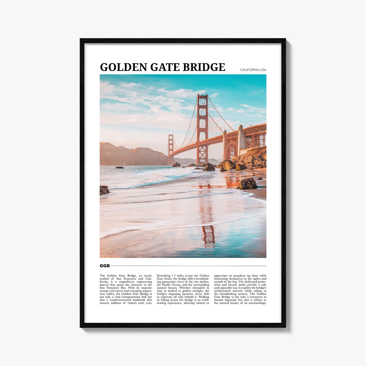 Golden Gate Bridge colorful travel poster of San Francisco, California – vertical wall art, unframed print shown in interior