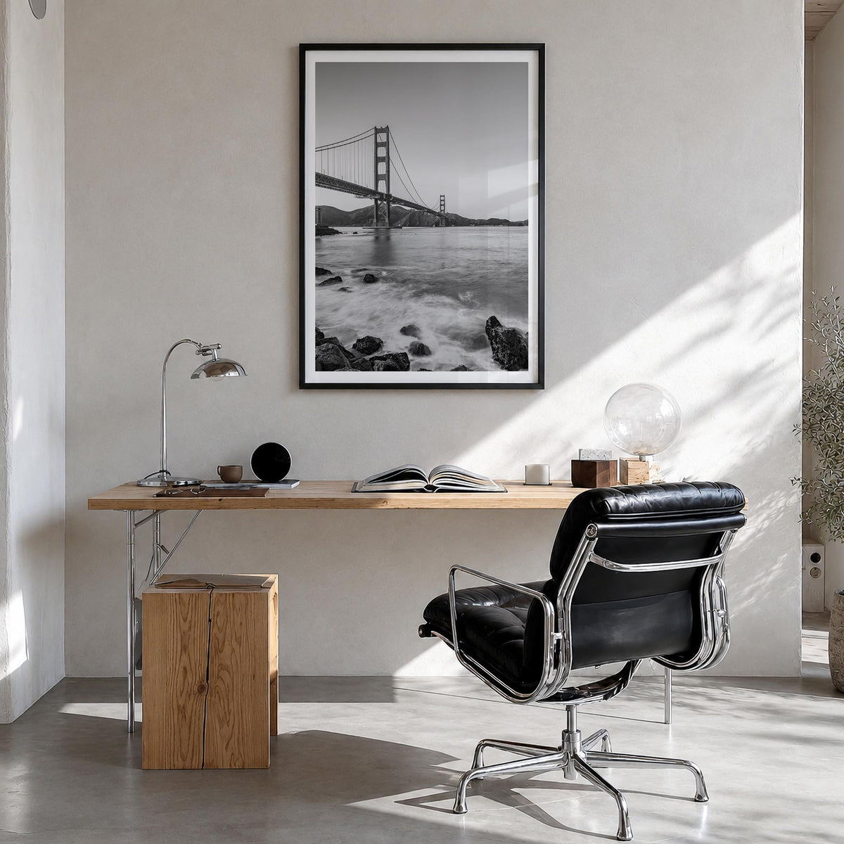 Golden Gate Bridge no. 1 black & white photo poster of San Francisco, California – vertical wall art in black wood frame with