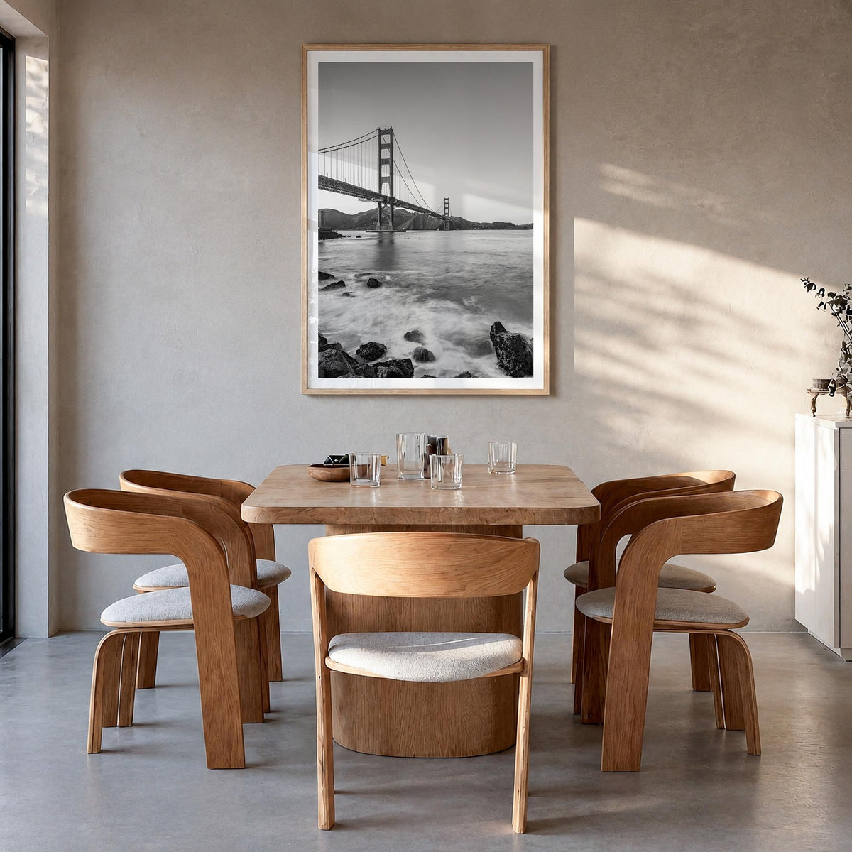 Golden Gate Bridge no. 1 black & white photo poster of San Francisco, California – vertical wall art in natural wood frame wi