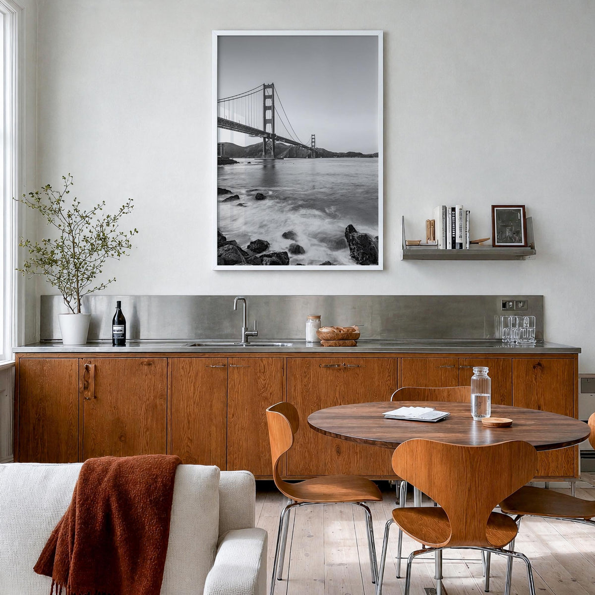 Golden Gate Bridge no. 1 black & white photo poster of San Francisco, California – vertical wall art in white wood frame, han