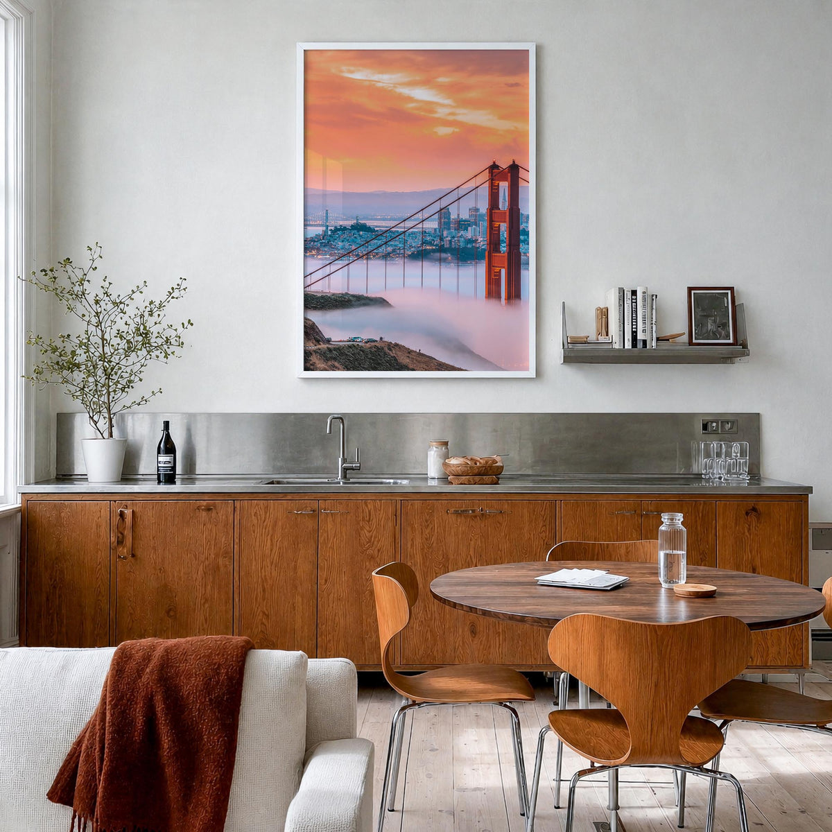 Golden Gate Bridge no. 1 colorful photo poster of San Francisco, California – vertical wall art in white wood frame, hanging