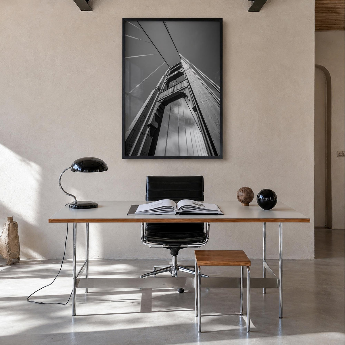 Golden Gate Bridge no. 2 black & white photo poster of San Francisco, California – vertical wall art in black wood frame, han