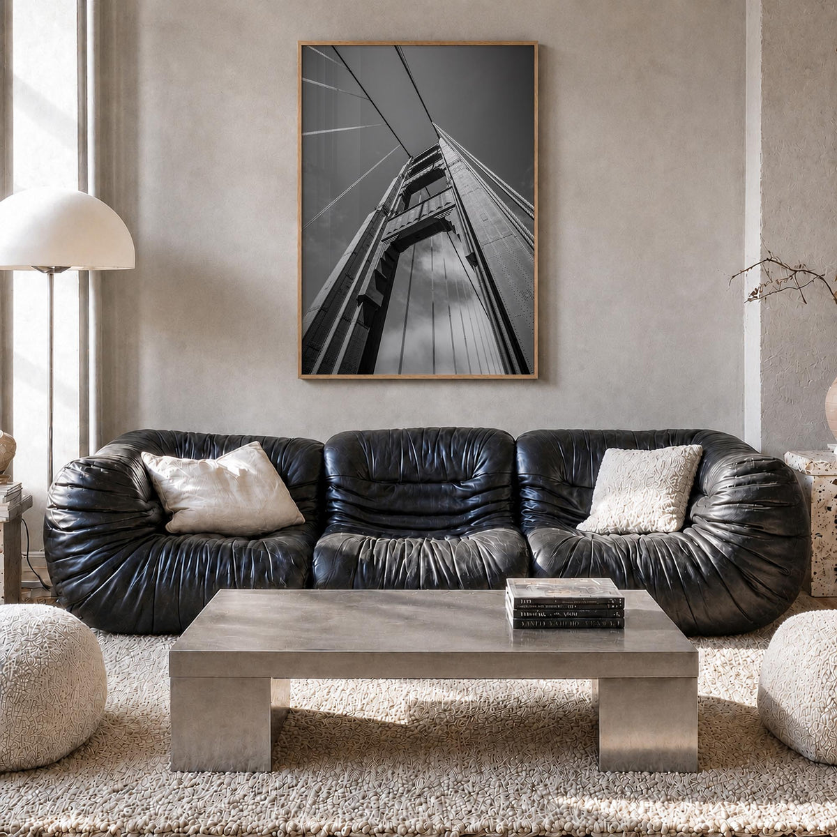 Golden Gate Bridge no. 2 black & white photo poster of San Francisco, California – vertical wall art in natural wood frame, h