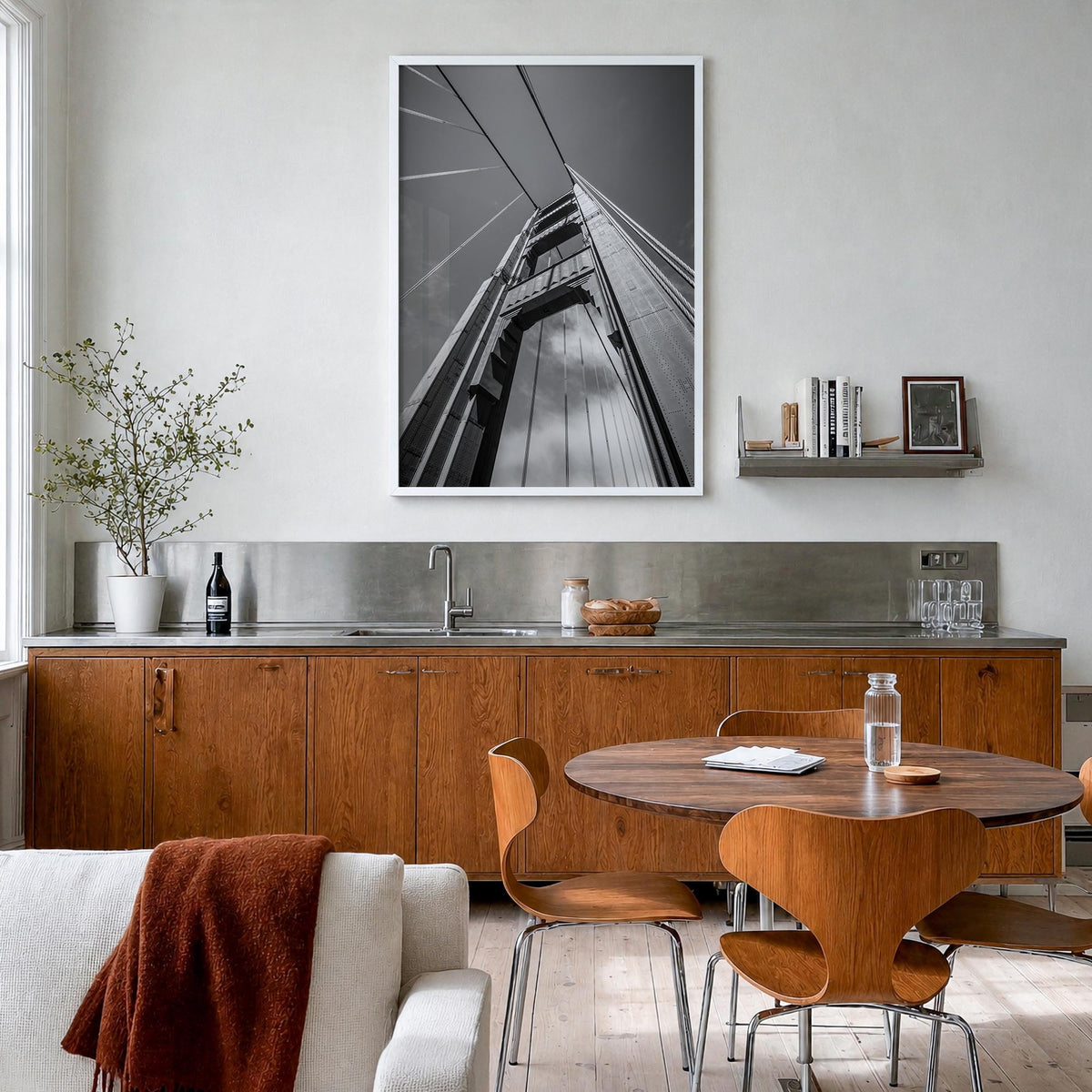 Golden Gate Bridge no. 2 black & white photo poster of San Francisco, California – vertical wall art in white wood frame, han