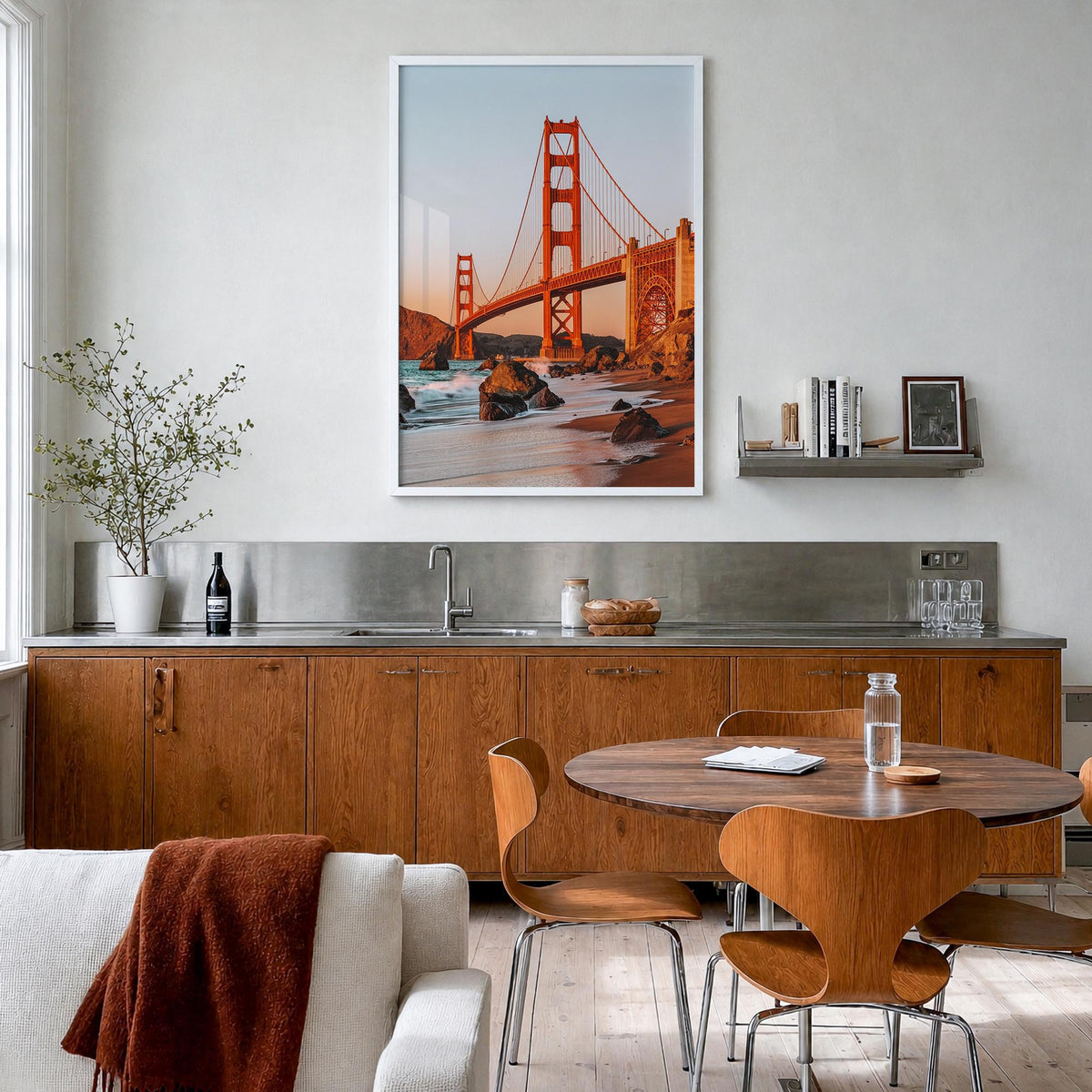 Golden Gate Bridge no. 2 colorful photo poster of San Francisco, California – vertical wall art in white wood frame, hanging