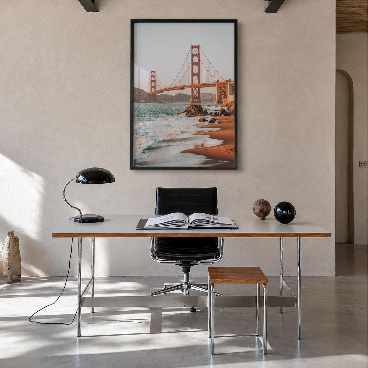 Golden Gate Bridge no. 3 colorful photo poster of San Francisco, California – vertical wall art in black wood frame, hanging