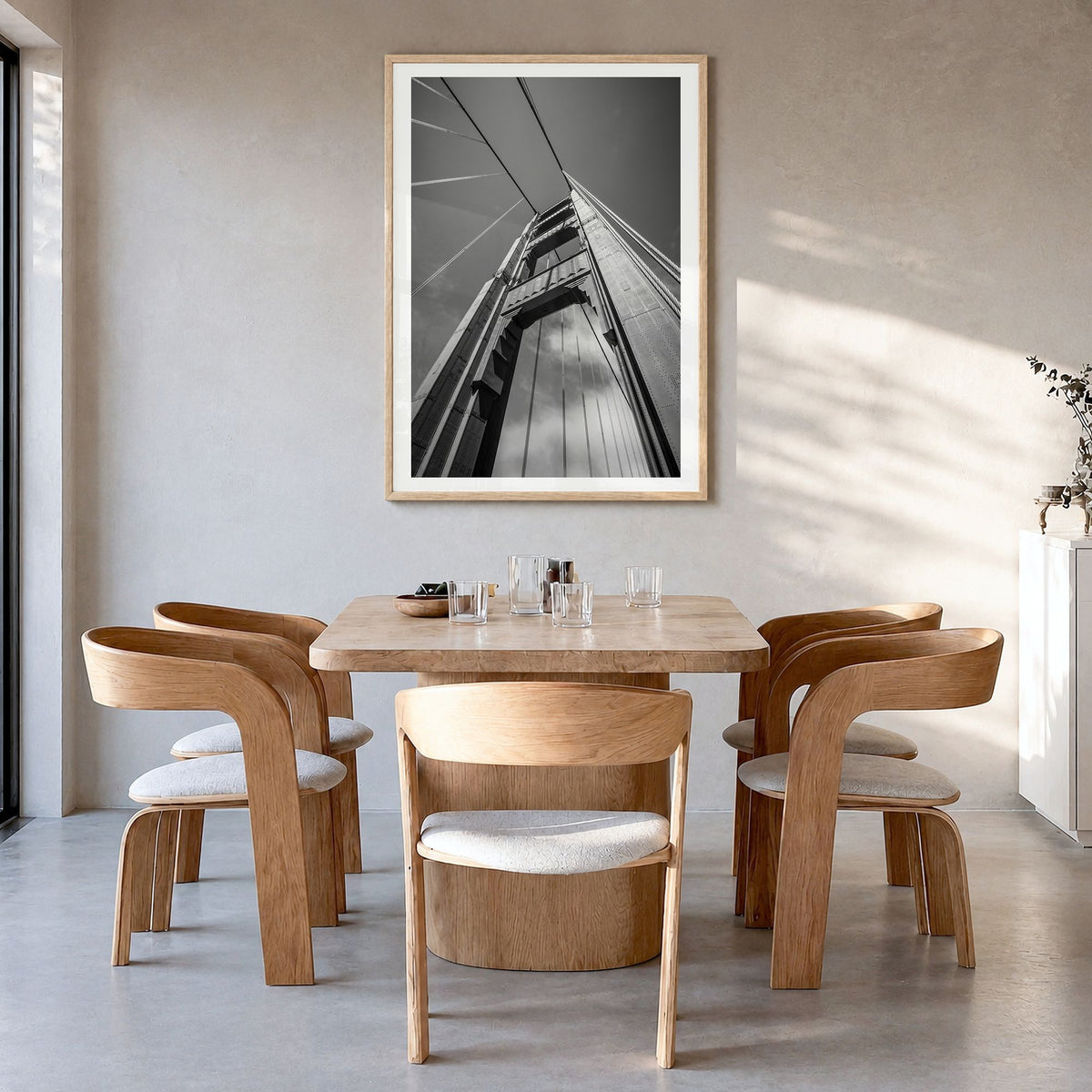 Golden Gate Bridge Photo No 2 Poster in a natural wood frame, hanging in a dining room, white border