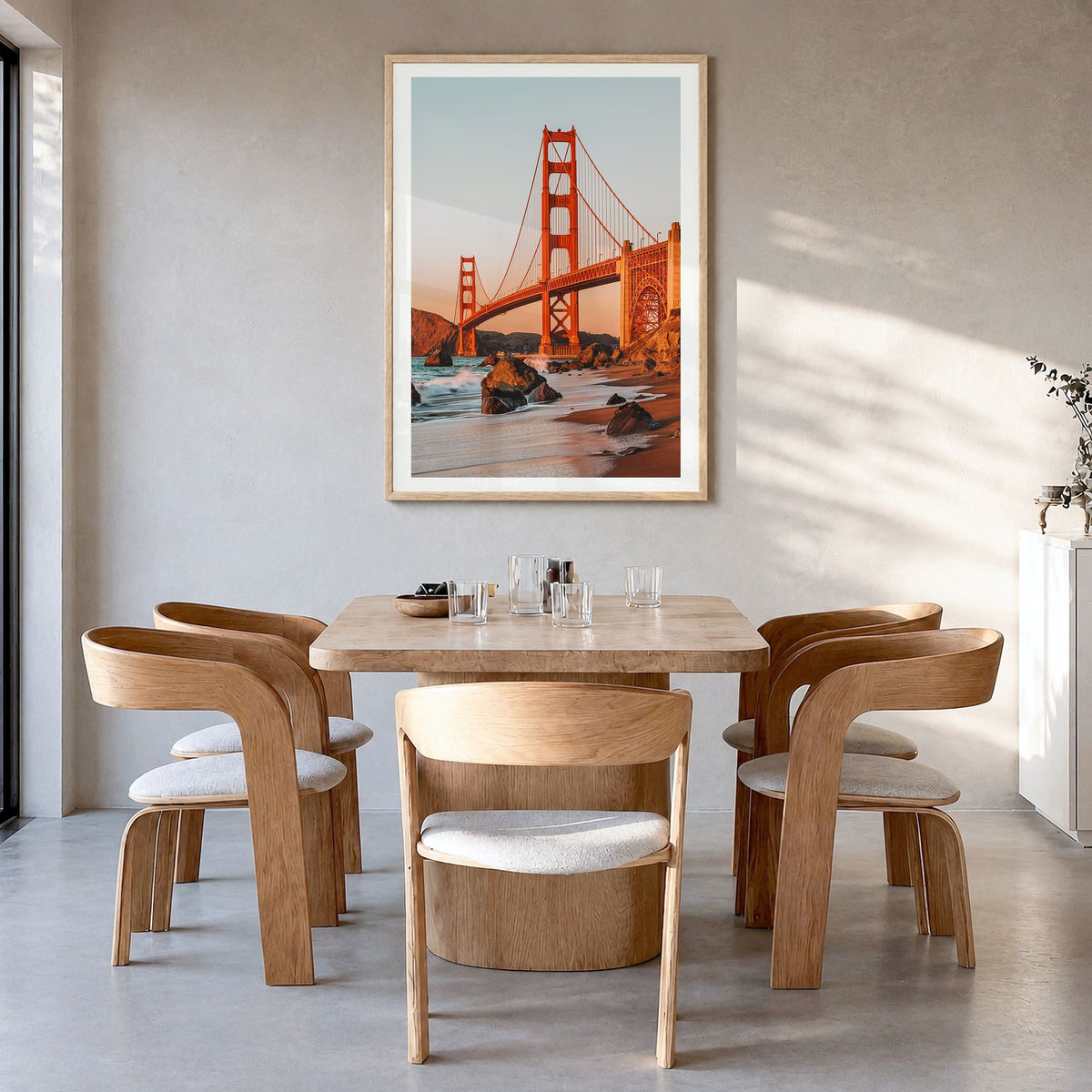 Golden Gate Bridge Photo No 2 Poster in a natural wood frame, hanging in a dining room, white border