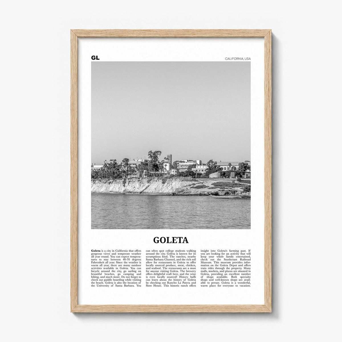Goleta Newspaper Poster in a natural wood frame