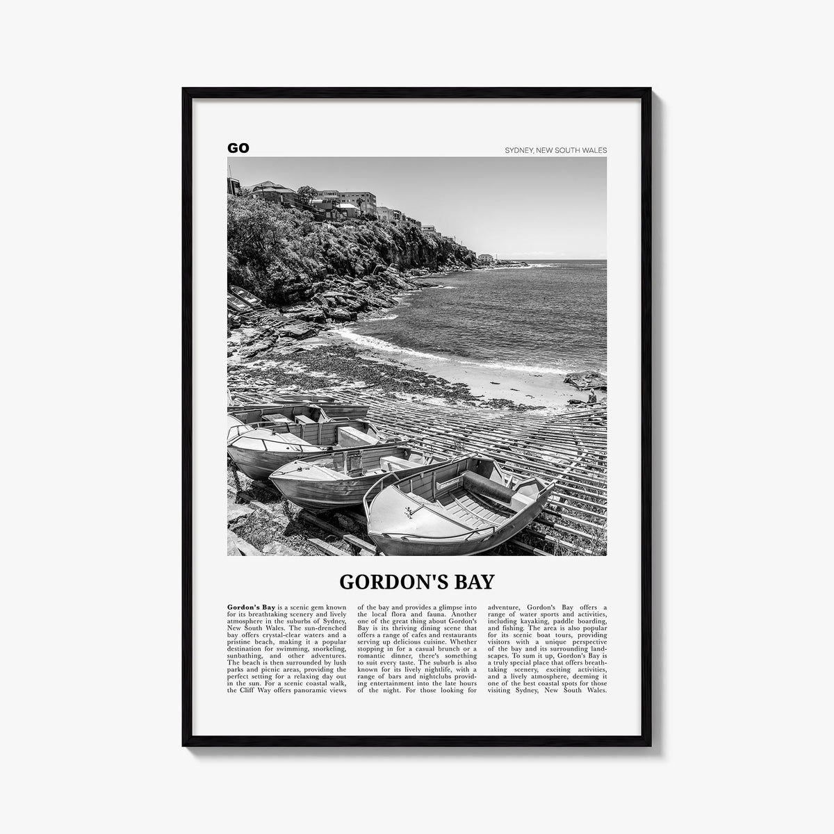 Gordon's Bay black & white newspaper poster of South Africa – vertical wall art, unframed print shown in interior mockup