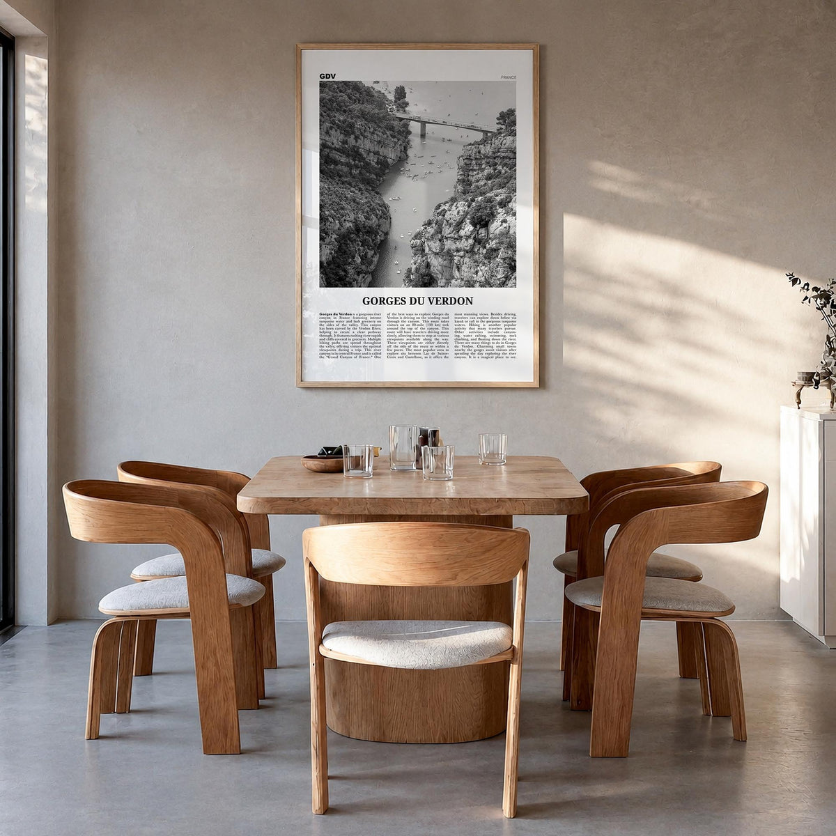 Gorges du Verdon black & white newspaper poster of France – vertical wall art in natural wood frame, hanging on wall