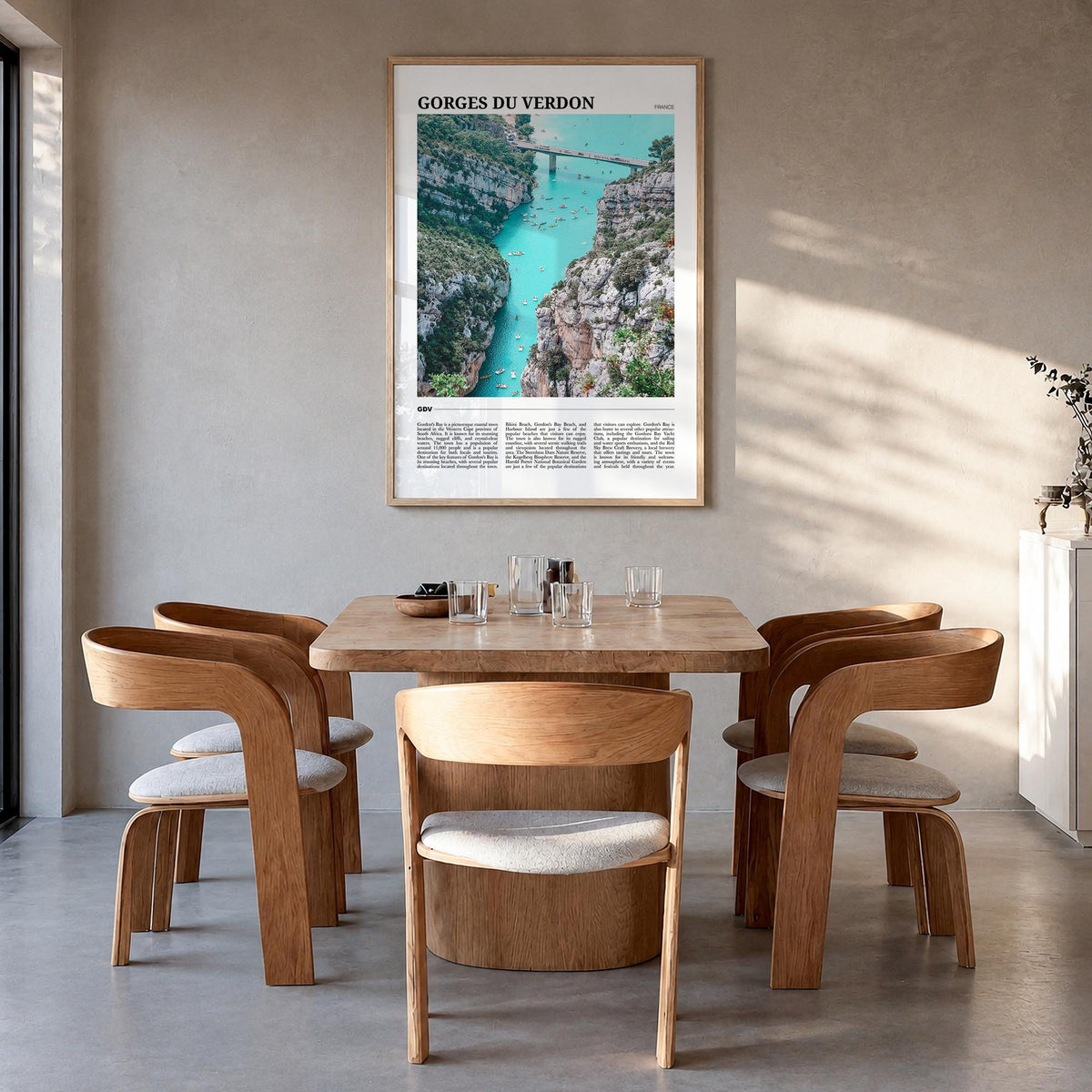 Gorges du Verdon colorful travel poster of France – vertical wall art in natural wood frame, hanging on wall