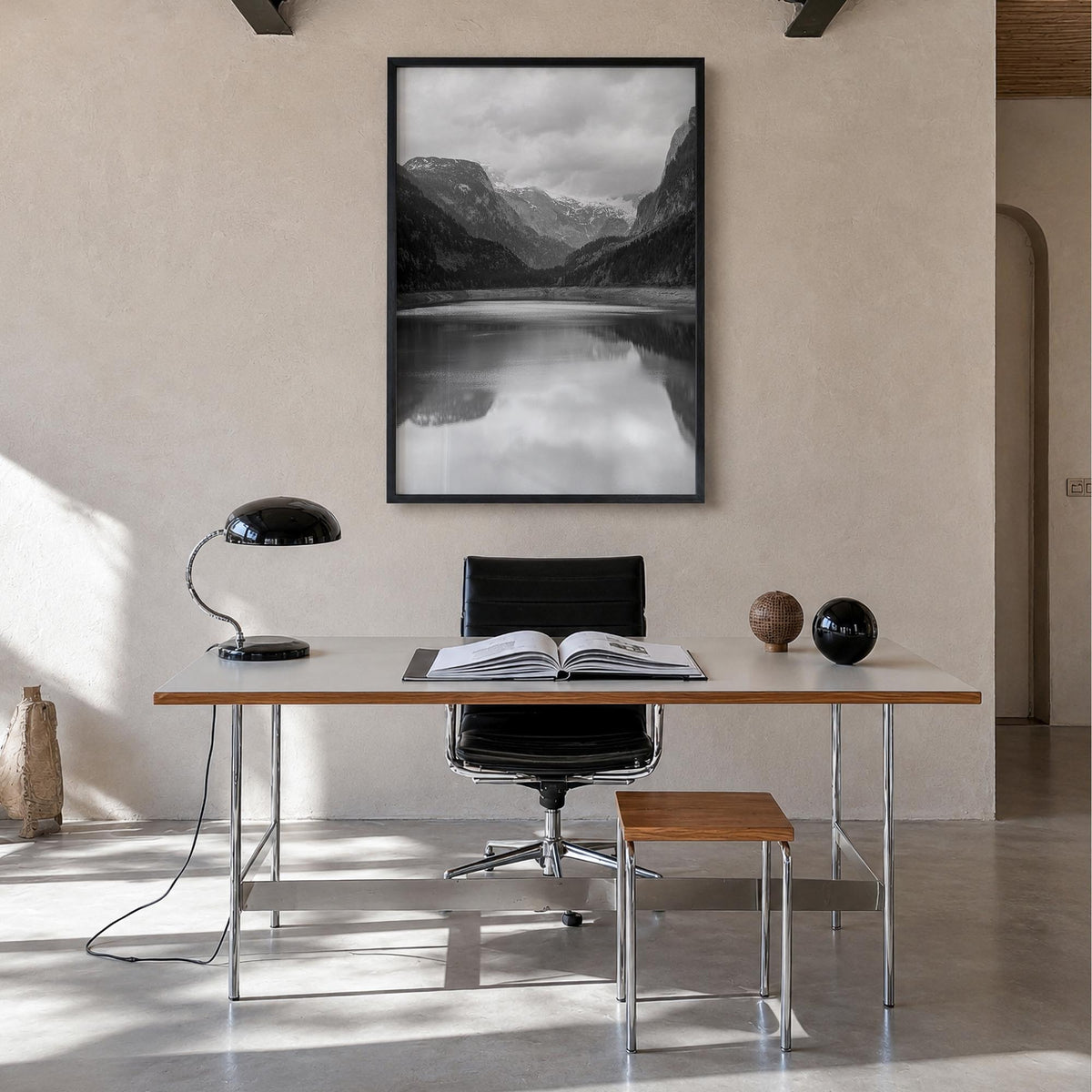 Gosausee Lake black & white photo poster of Austria – vertical wall art in black wood frame, hanging on wall
