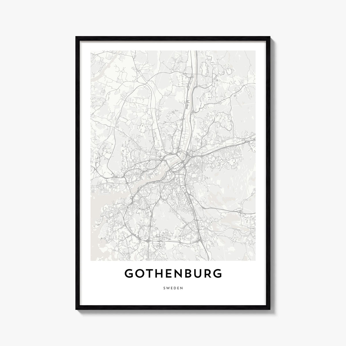 Gothenburg black & white map poster of Sweden – vertical wall art, unframed print shown in interior mockup