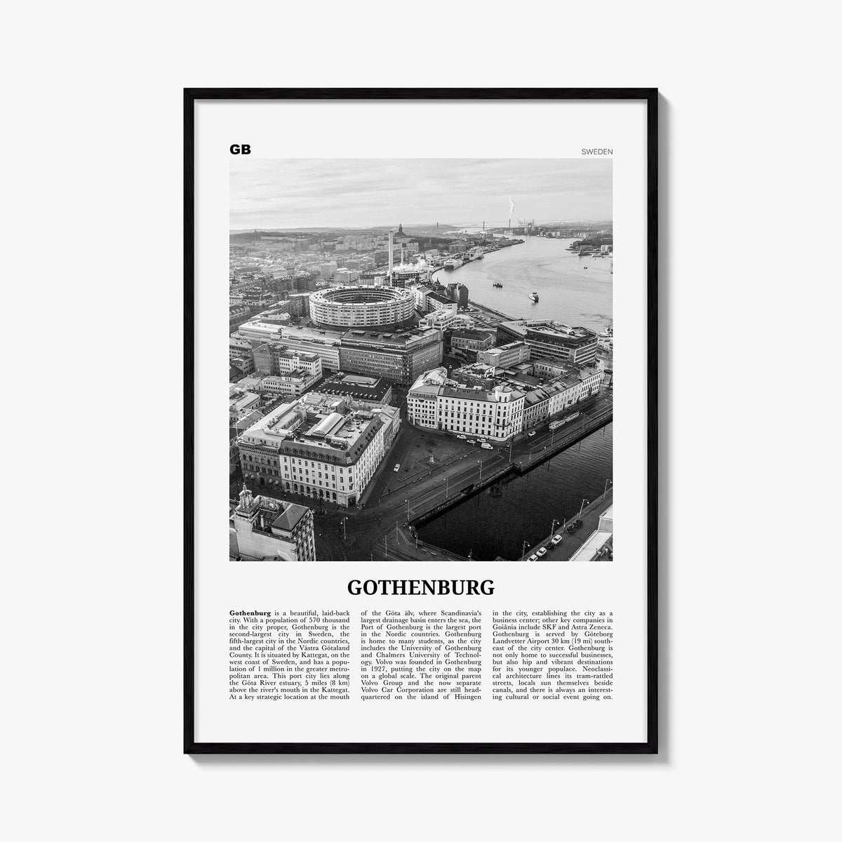 Gothenburg black & white newspaper poster of Sweden – vertical wall art, unframed print shown in interior mockup