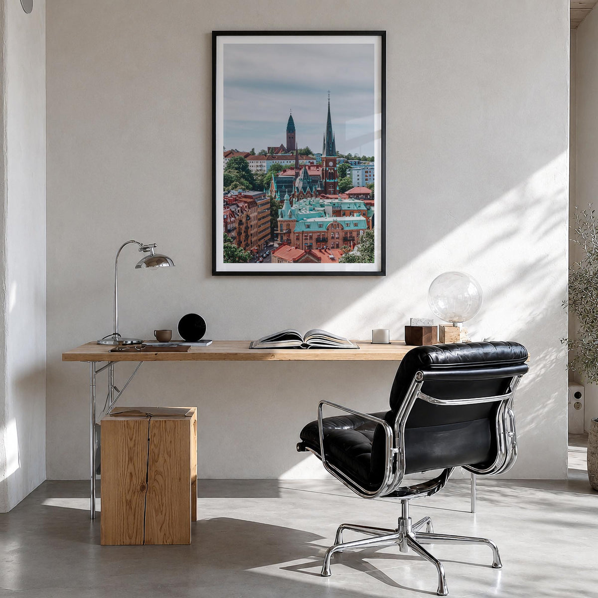 Gothenburg colorful photo poster of Sweden – vertical wall art in black wood frame with white border, hanging on wall