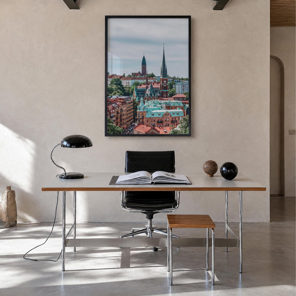 Gothenburg colorful photo poster of Sweden – vertical wall art in black wood frame, hanging on wall