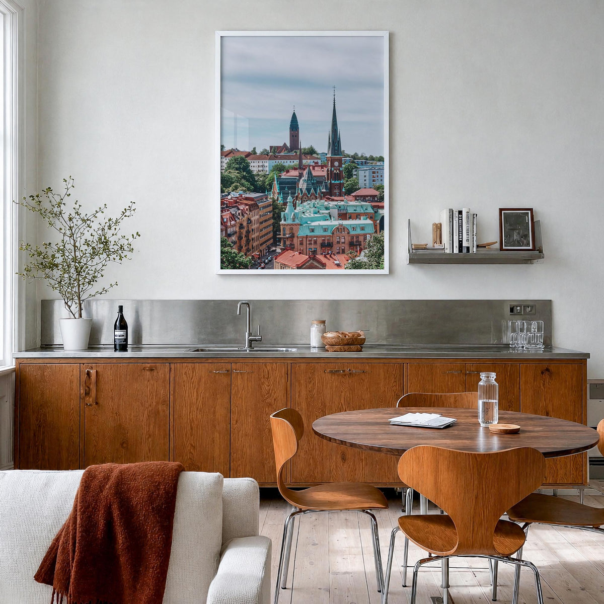 Gothenburg colorful photo poster of Sweden – vertical wall art in white wood frame, hanging on wall