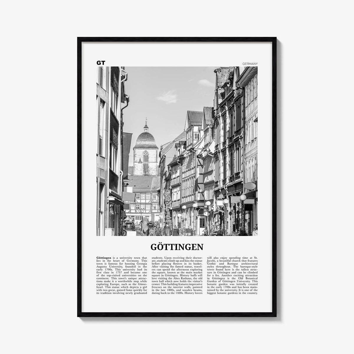 Göttingen black & white newspaper poster of Germany – vertical wall art, unframed print shown in interior mockup