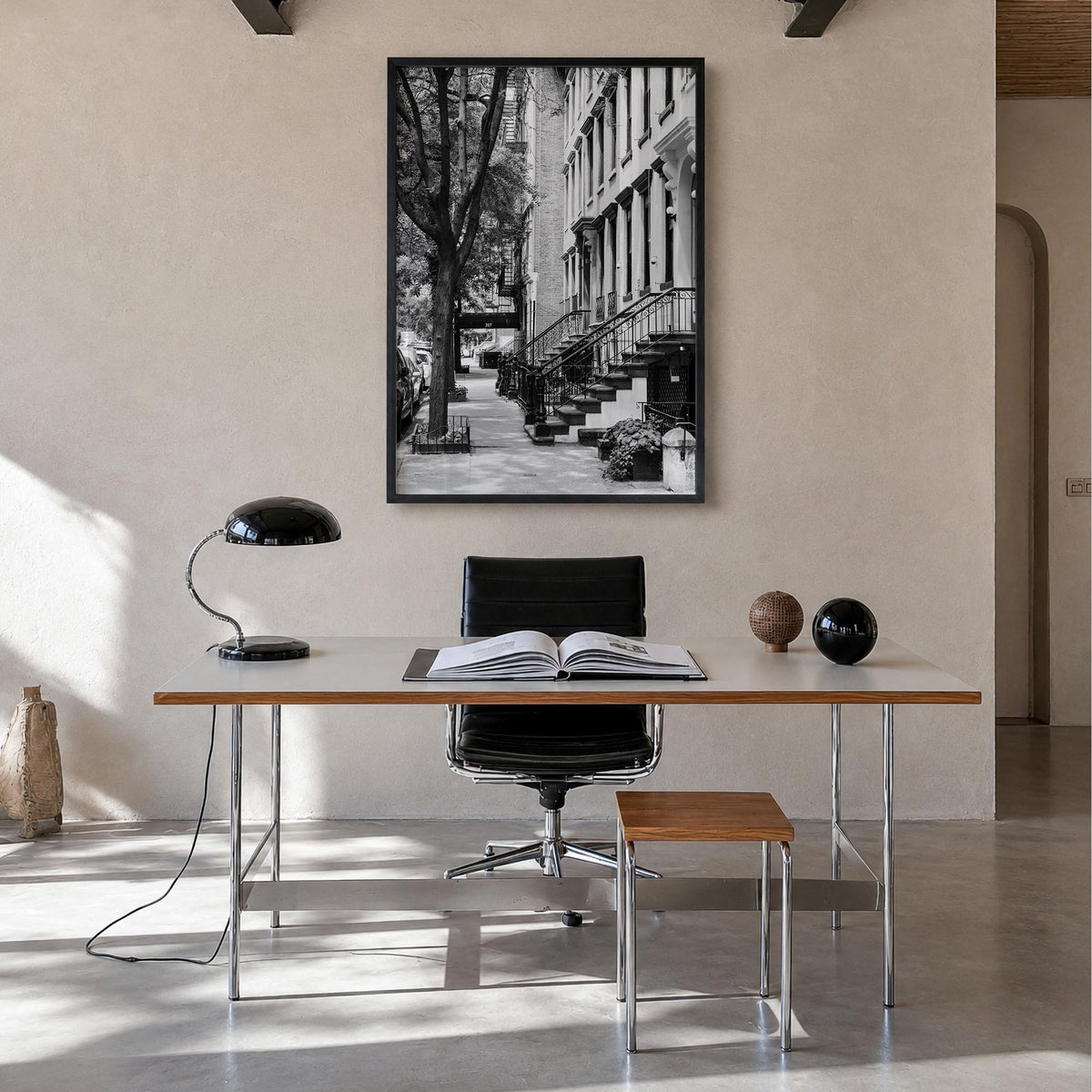 Gramercy Park black & white photo poster of Manhattan, New York City – vertical wall art in black wood frame, hanging on wall