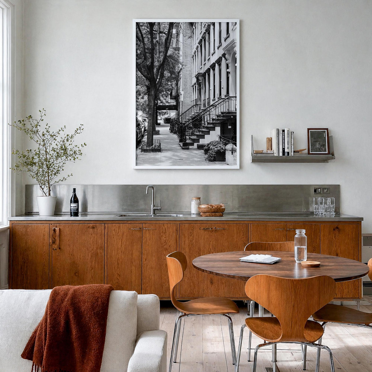 Gramercy Park black & white photo poster of Manhattan, New York City – vertical wall art in white wood frame, hanging on wall